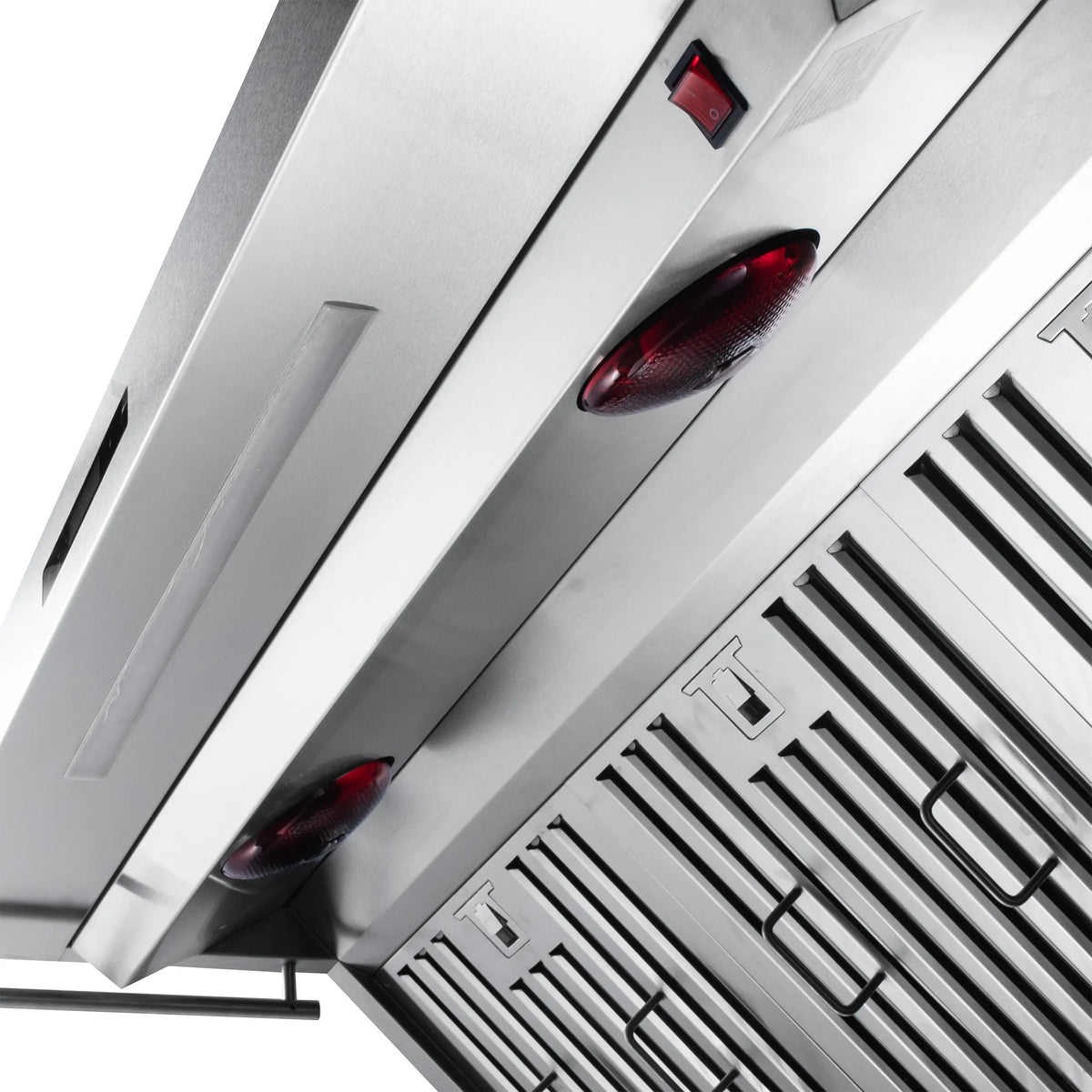 Stainless steel range hood underside with red switch indicators and vent slats