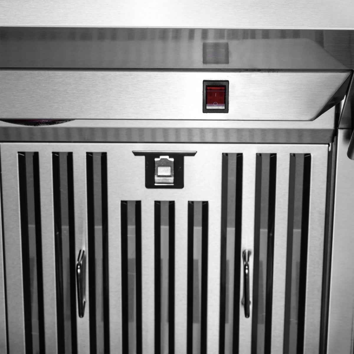 Stainless steel hood controls and vent grille with drawer-like openings
