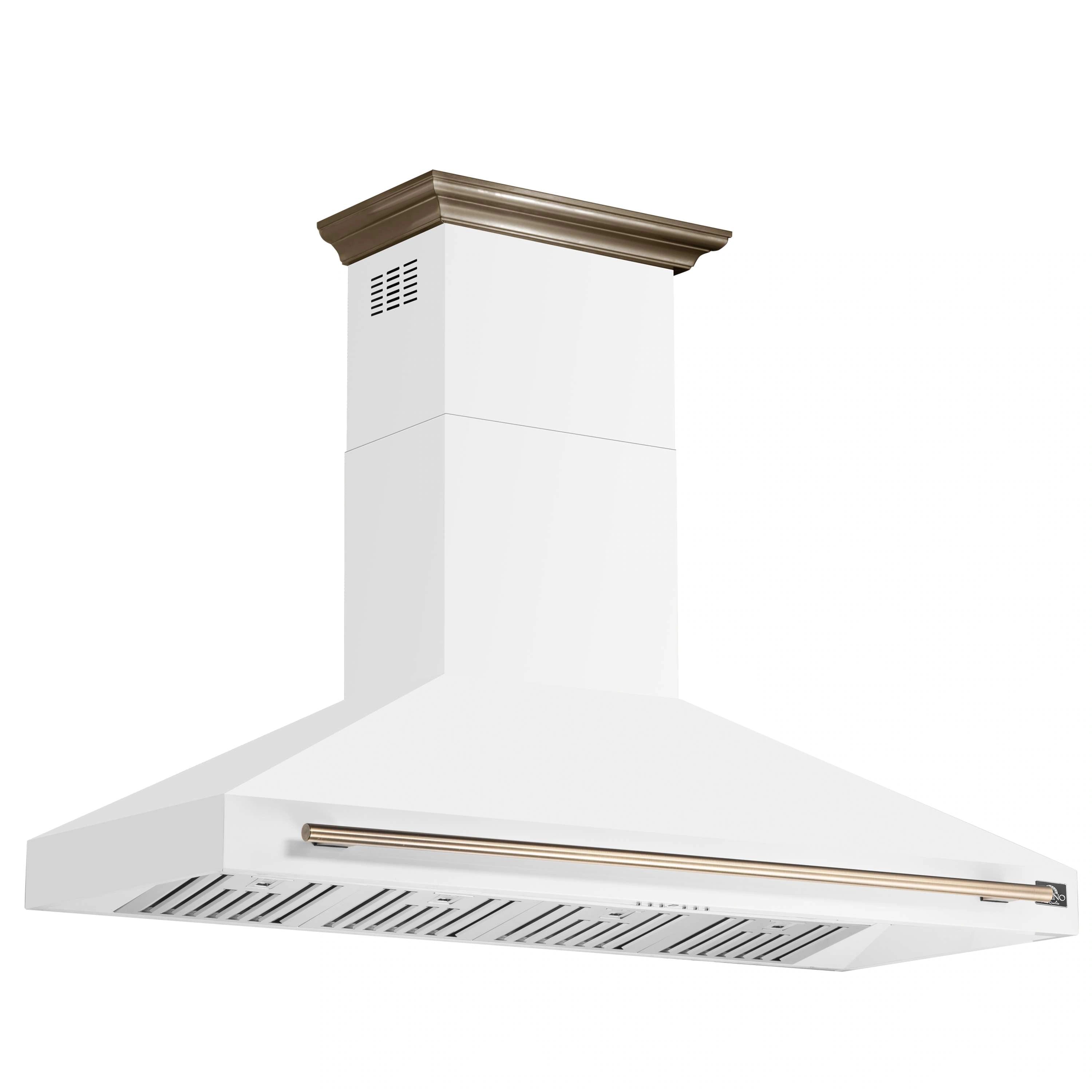 White wall mount range hood with antique brass handle bar and vent opening