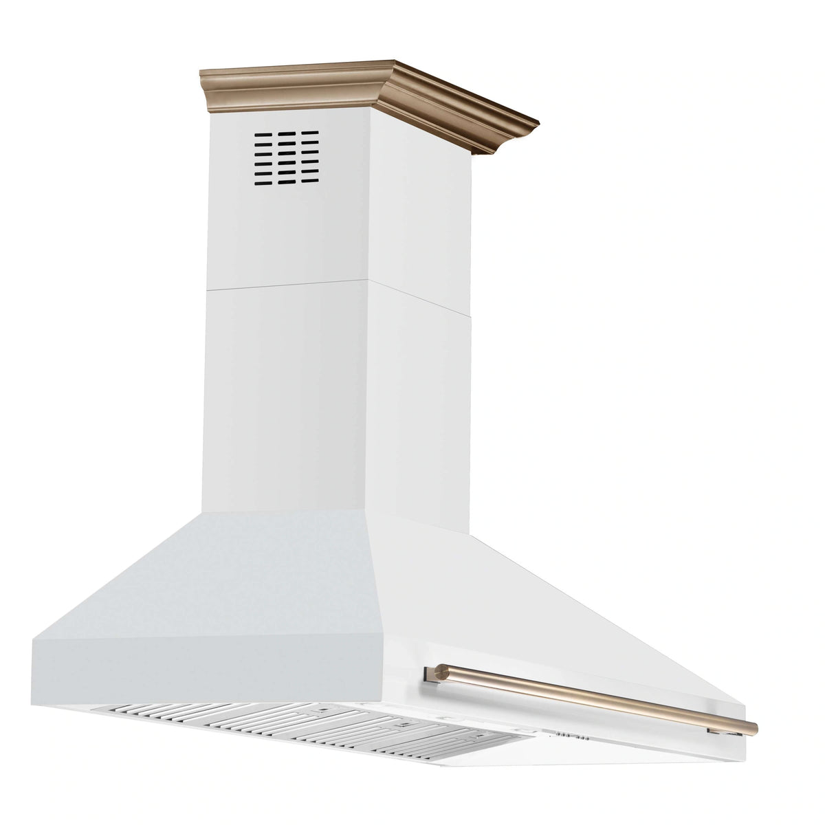 White wall mount range hood with vent filters and antique brass handle bar