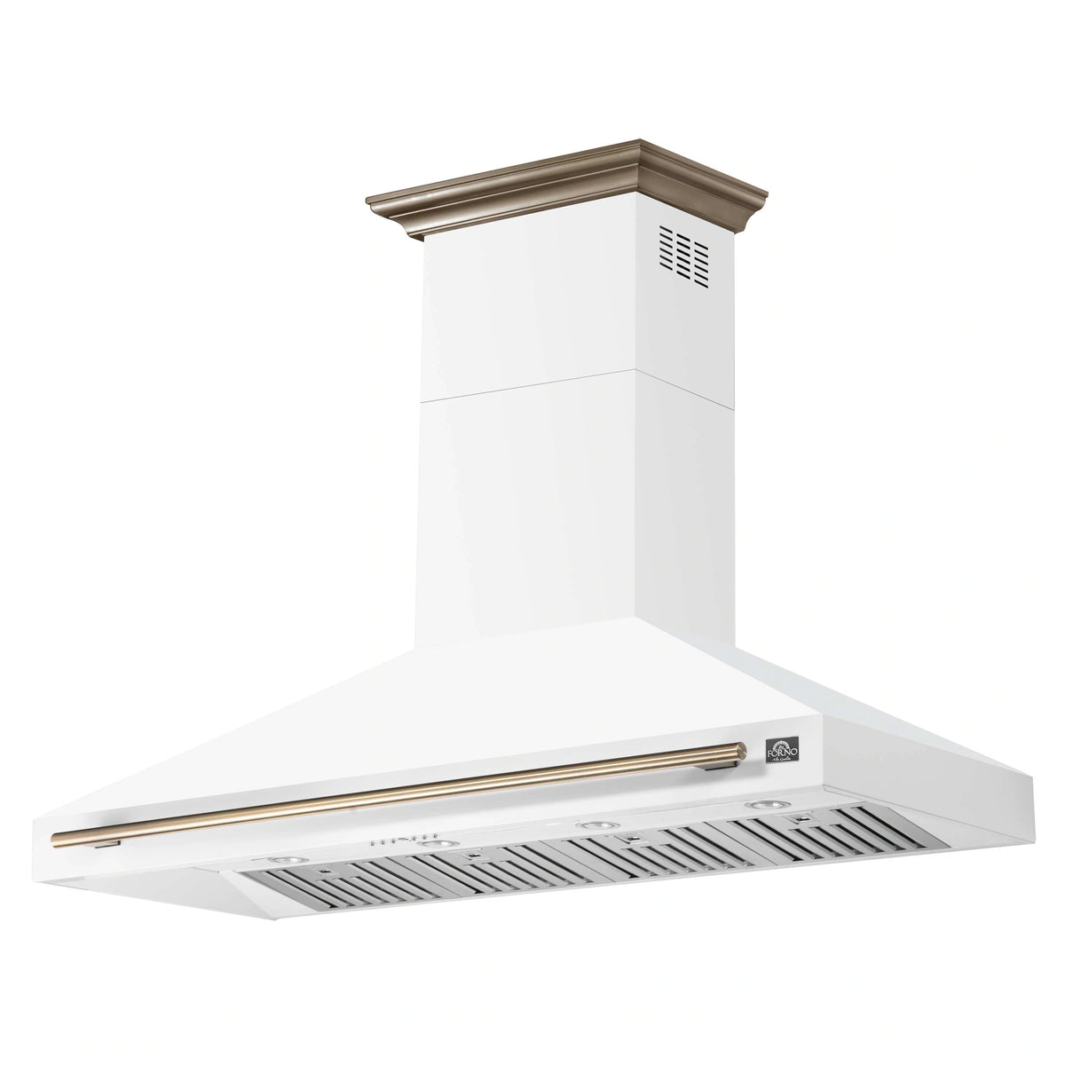 White wall mount range hood with antique brass handle and front vent grille