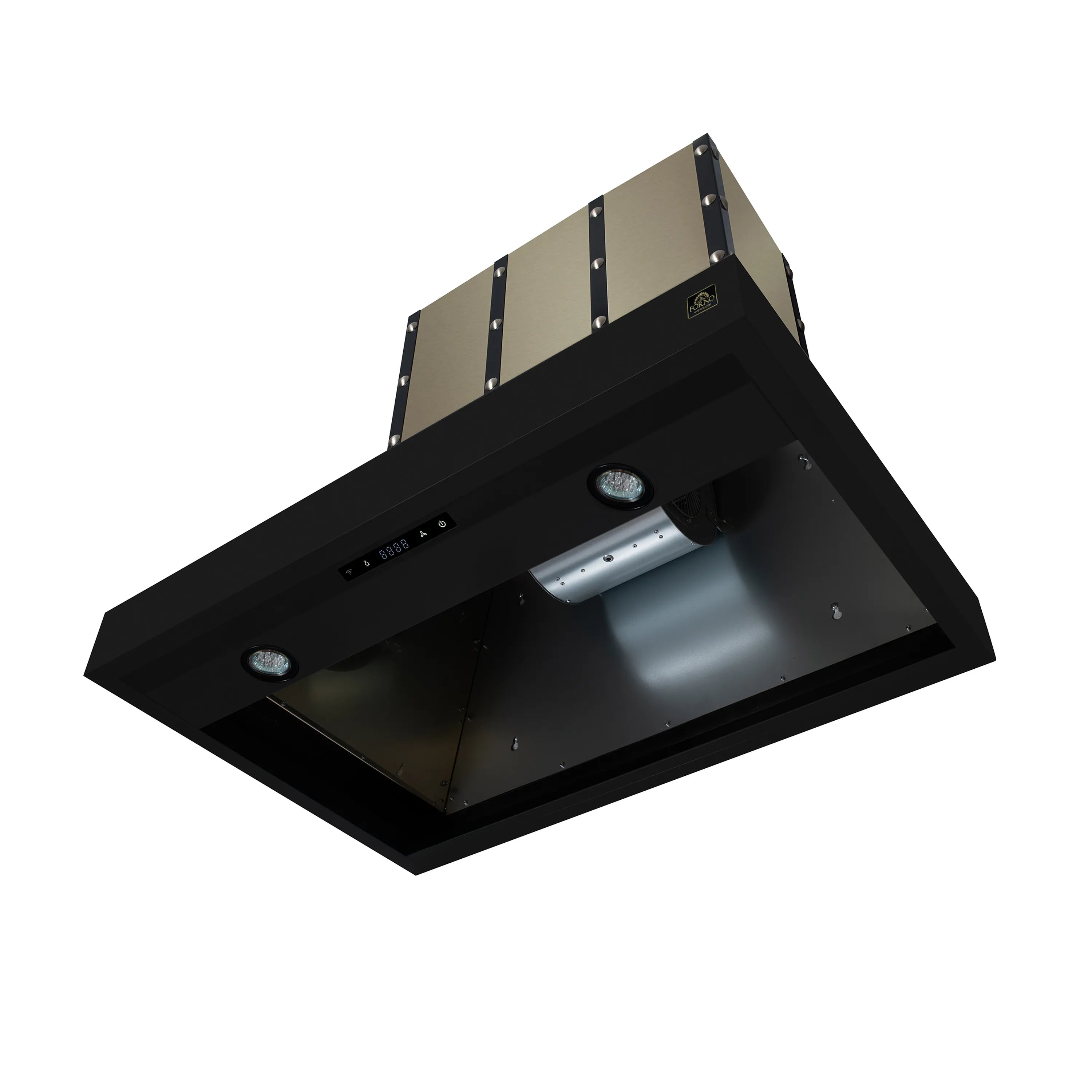 Black range hood underside with two LED lights and filter tray