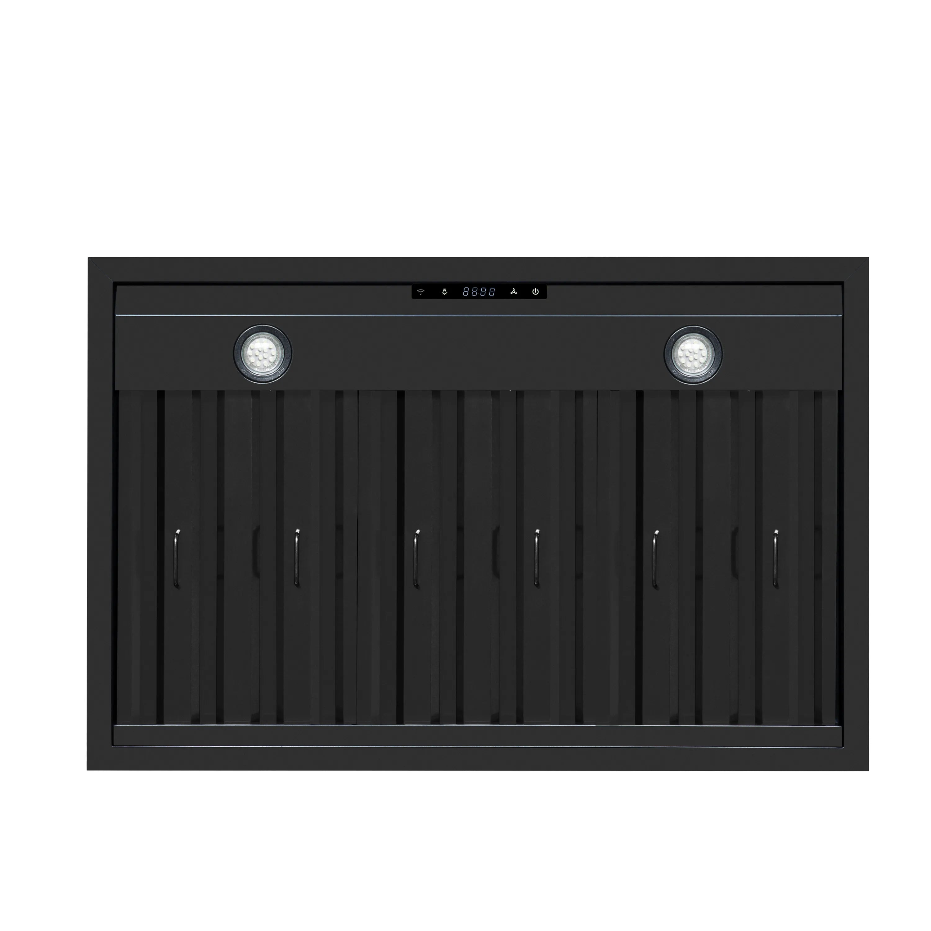 Black range hood bottom panel with built-in round LED lights and vented grille