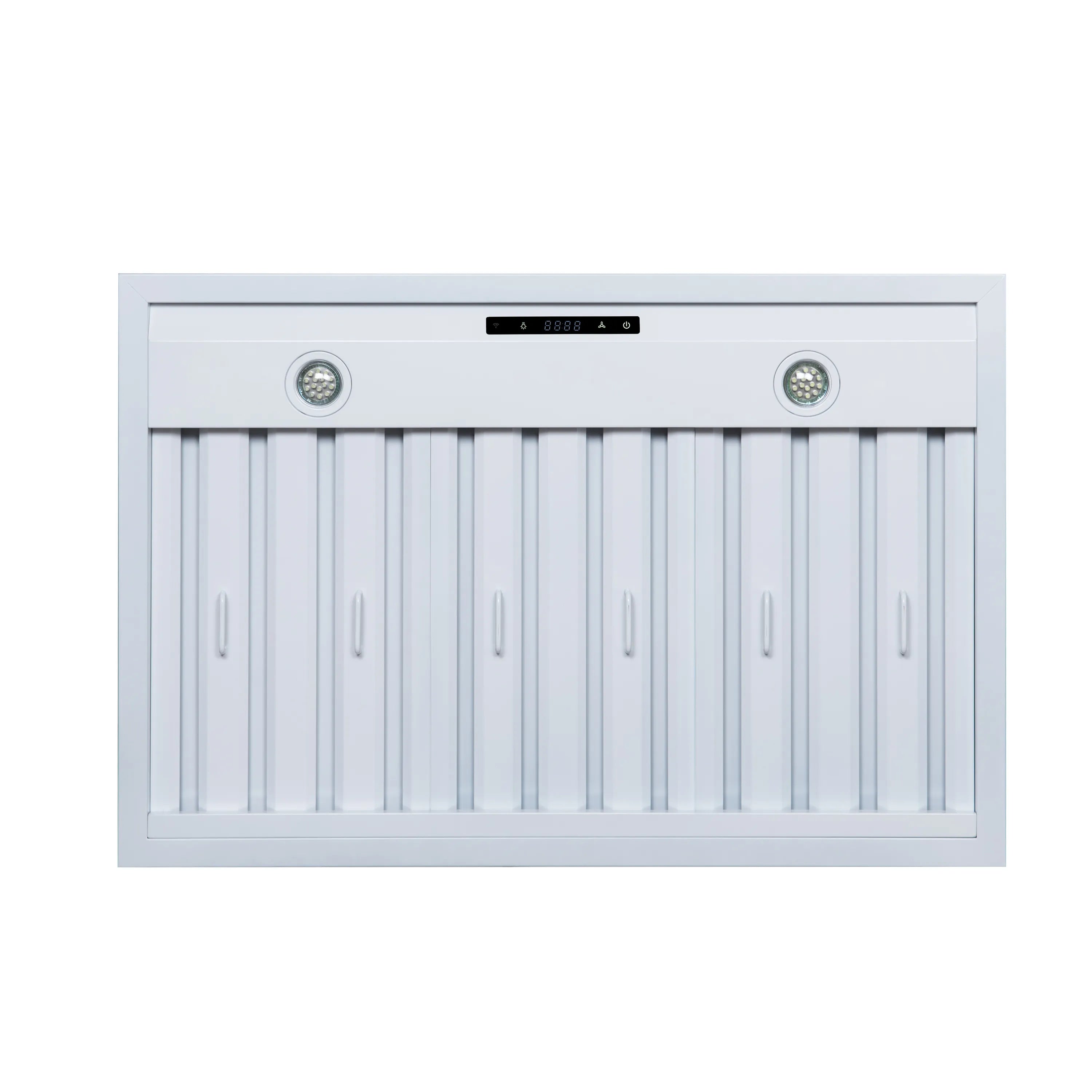 White 36-inch range hood with front baffle filters and centered control panel