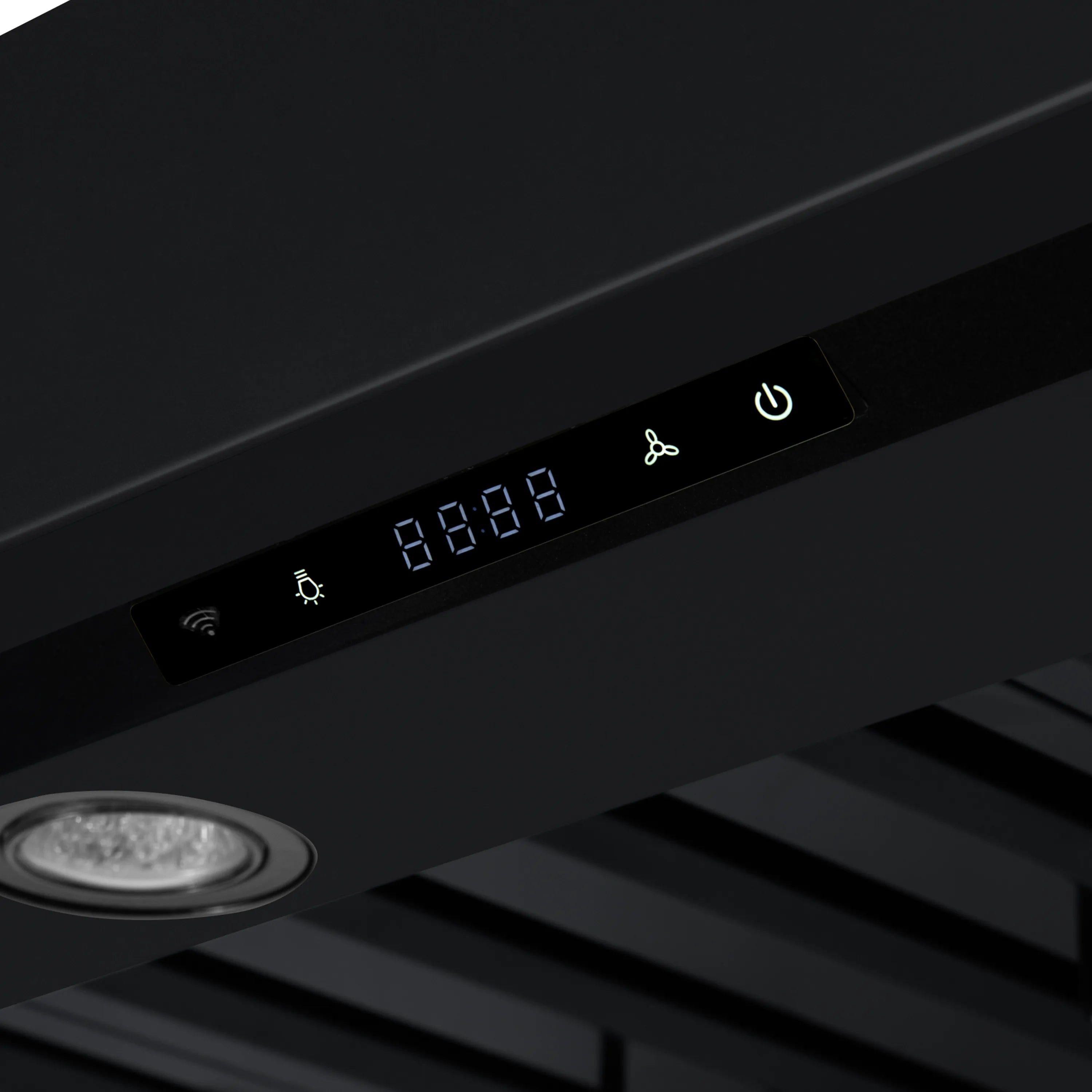 Black range hood control panel with LED display, icons, and power button