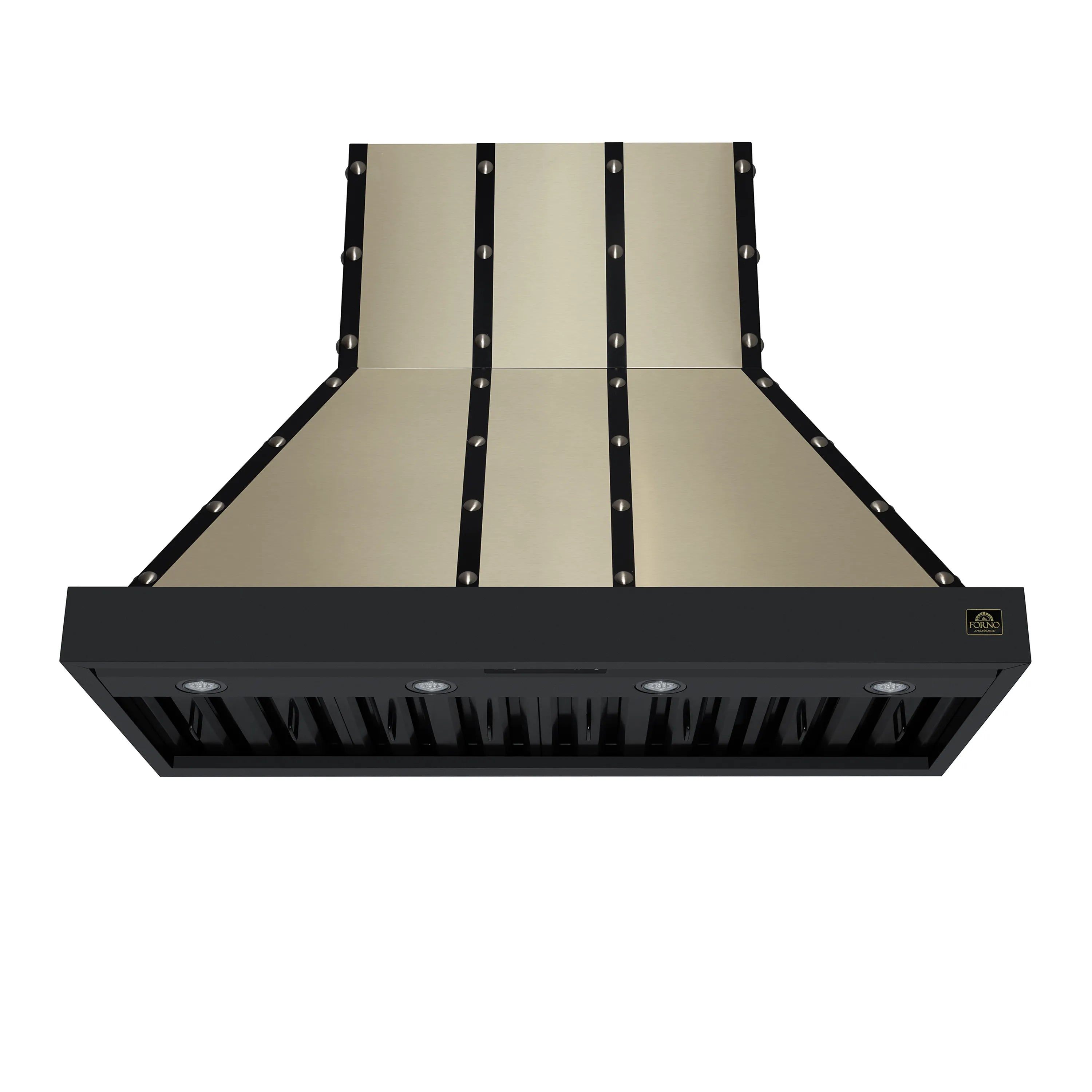 Black 48-inch range hood with chimney back and baffle filter panels exposed