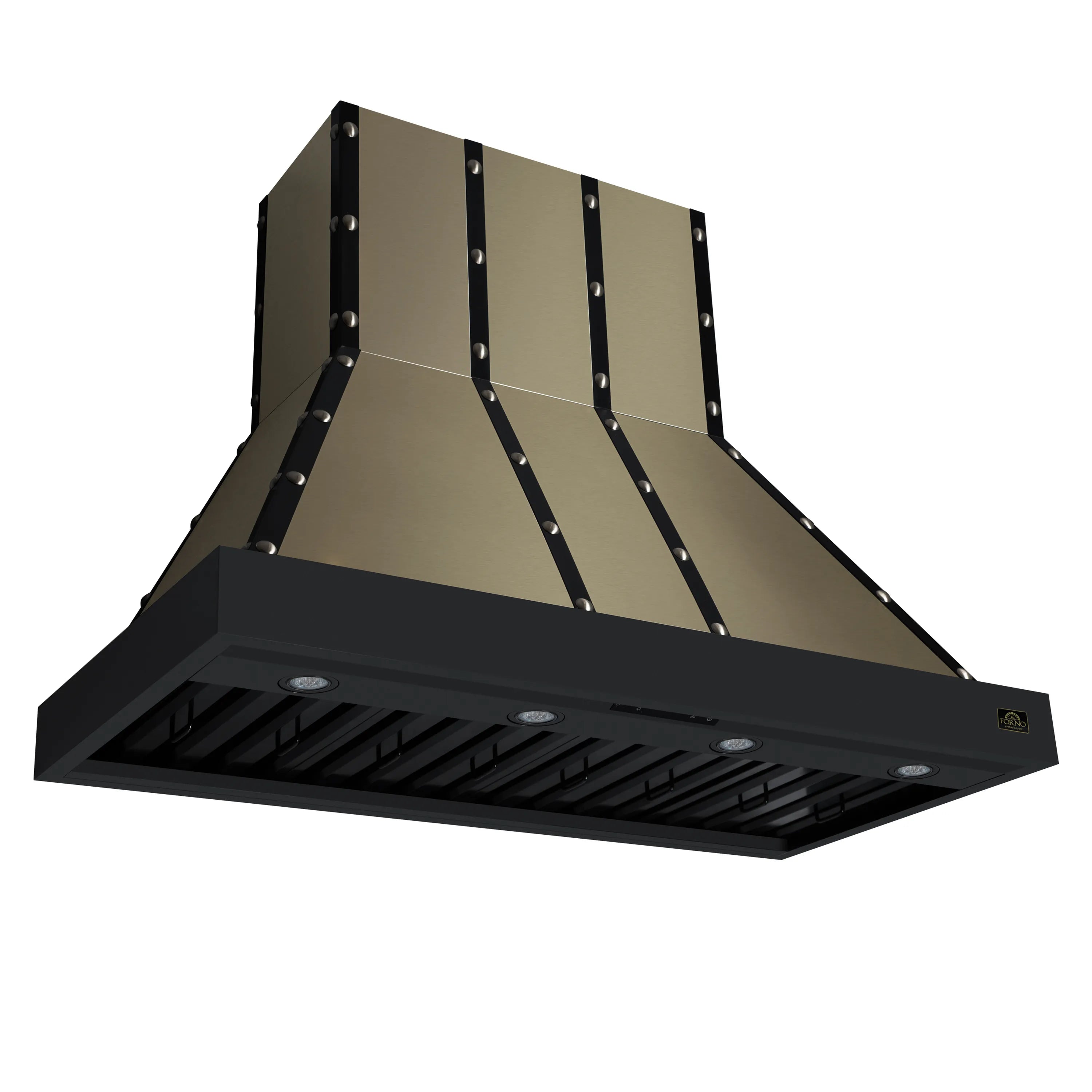 Black range hood with open front baffle filters and recessed LED lights