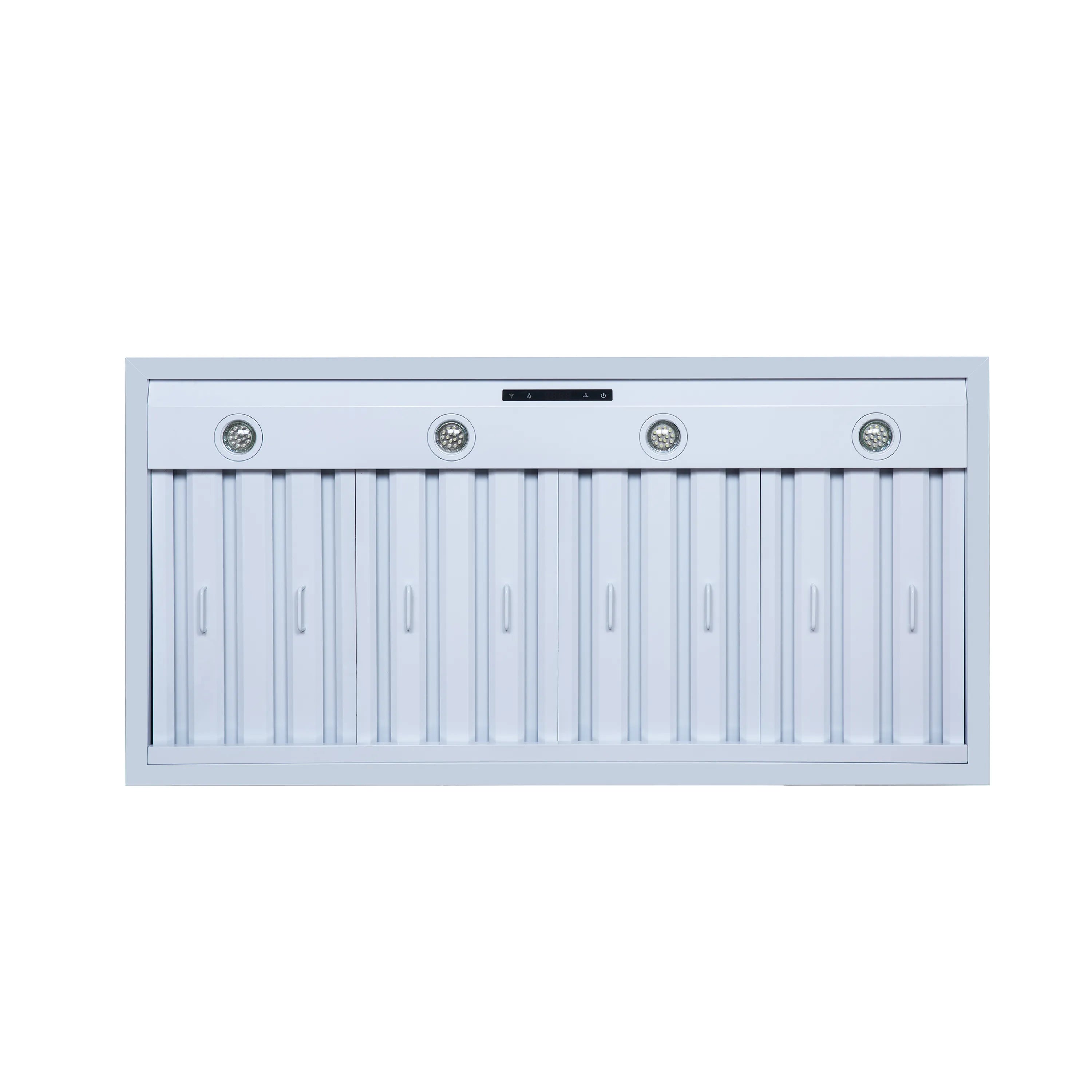 White range hood front panel with vertical slats and round light controls