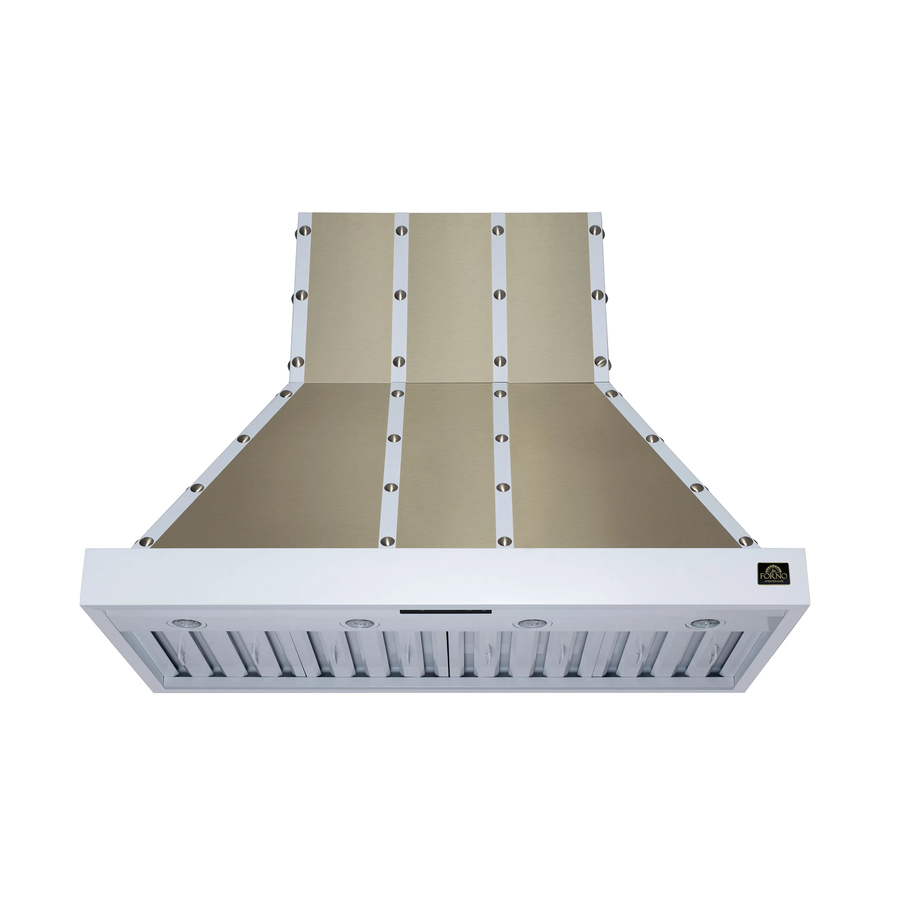 White range hood with exposed baffle filters and canopy grille underside