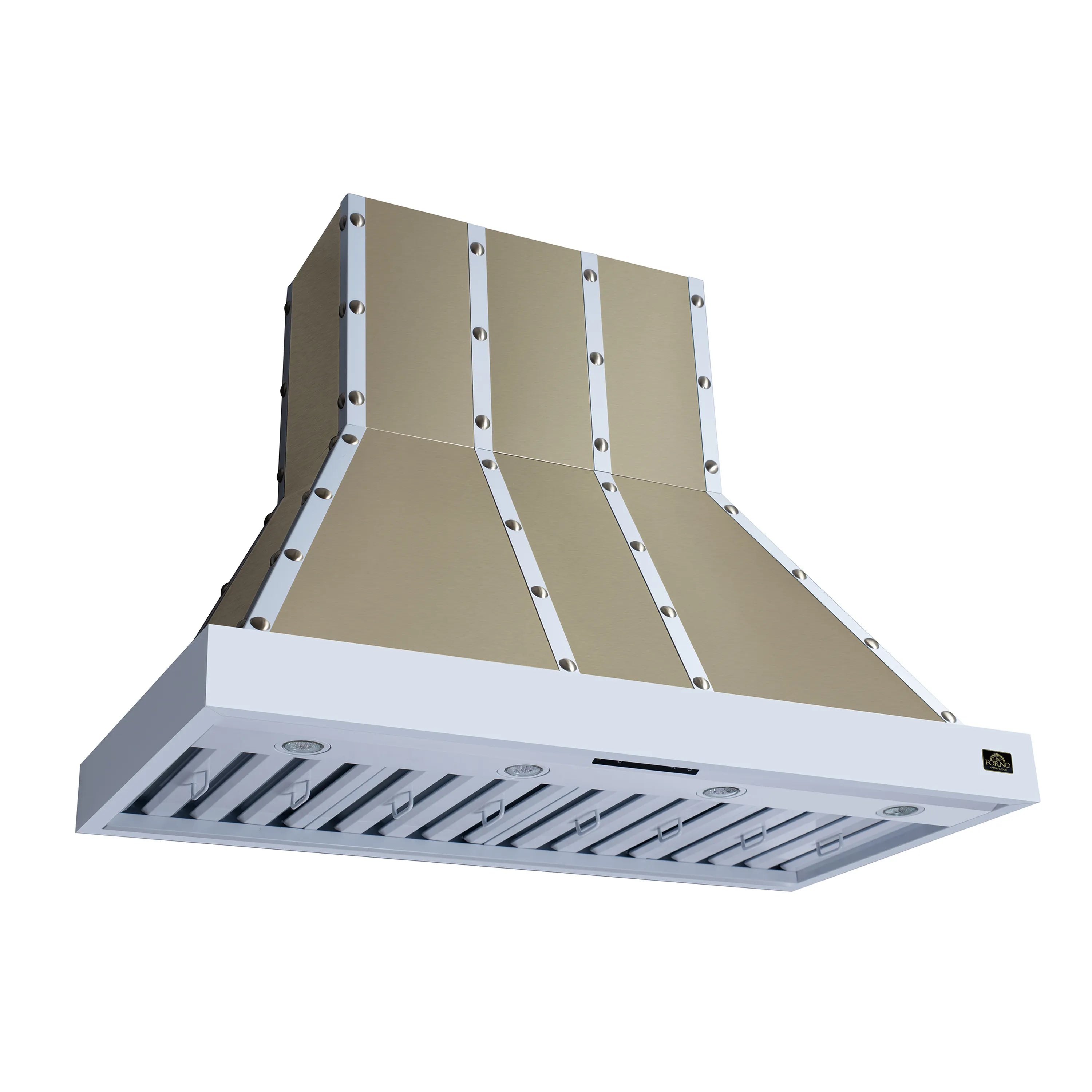 White range hood underside with baffle filter panels and front vent slots