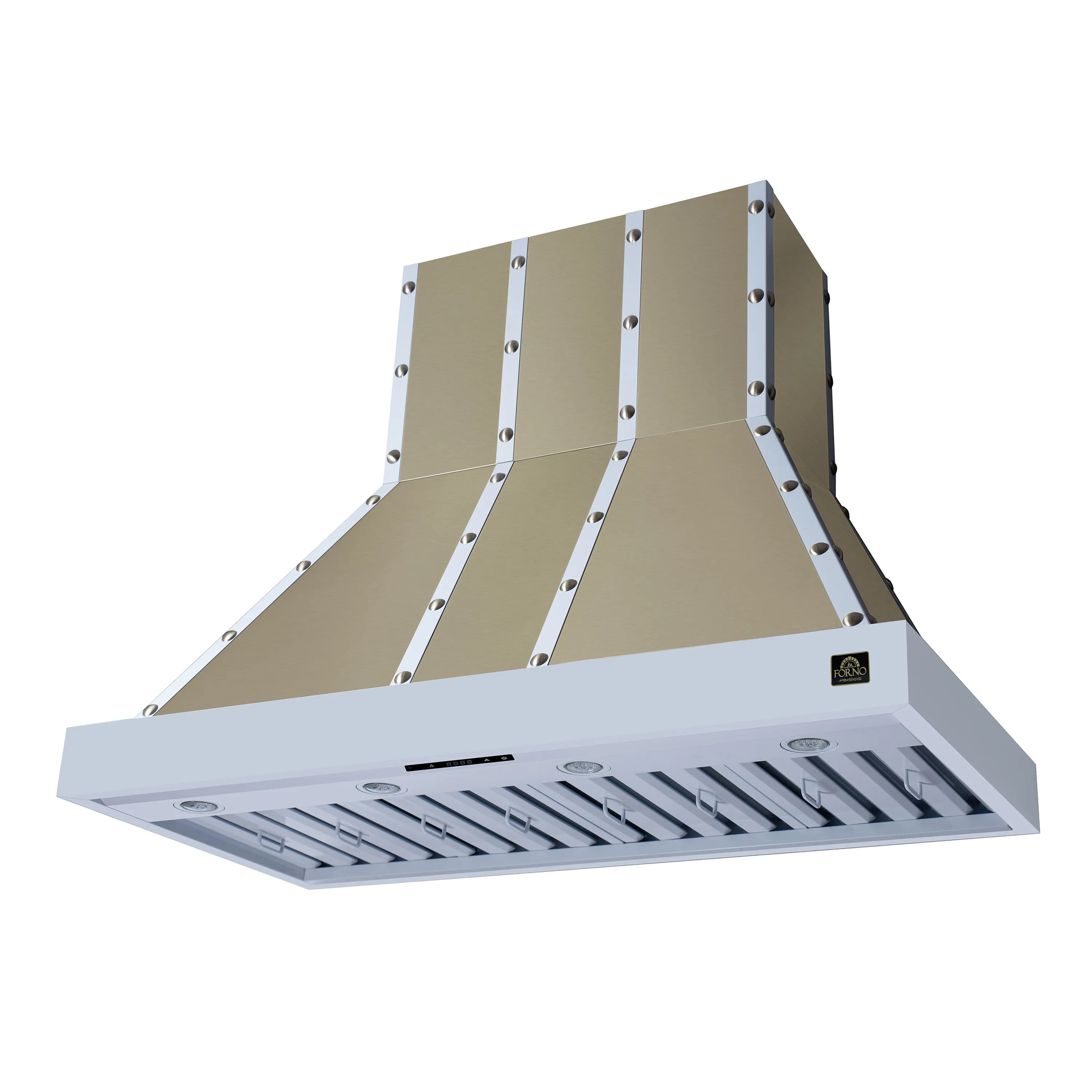 White range hood with baffle filters in place and control area at right