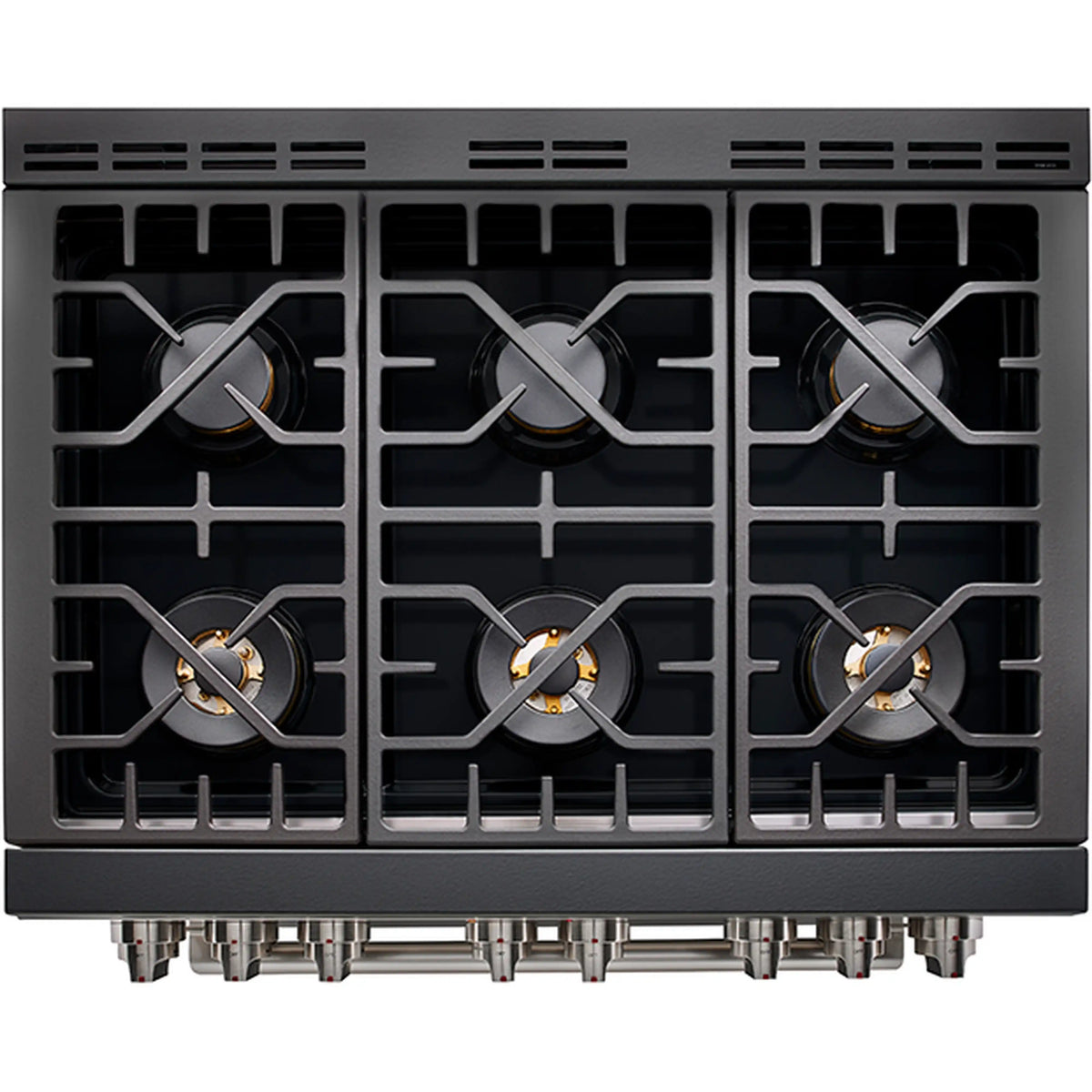 Gas cooktop with black grates, burner caps, and igniter points
