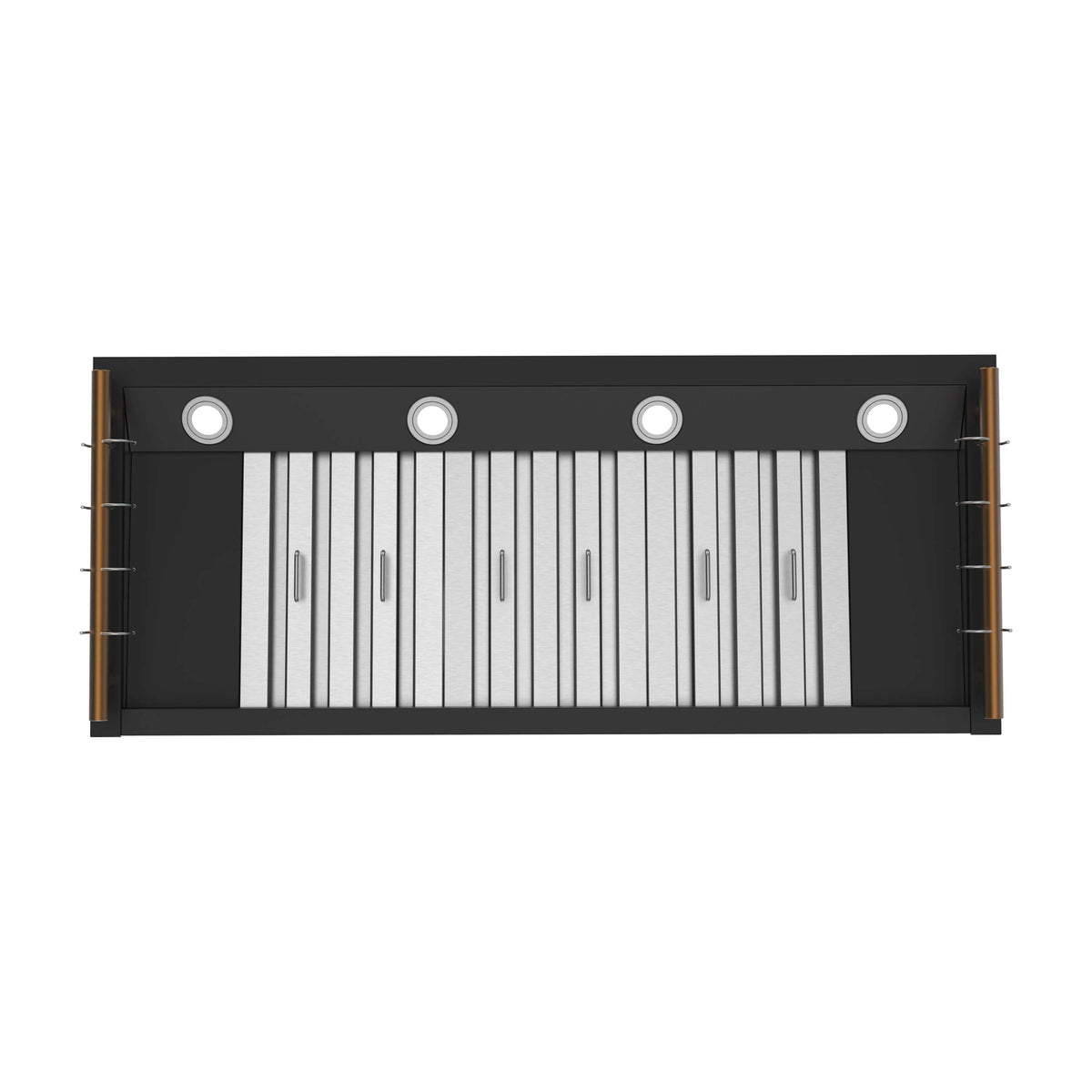 Black baffle filter cover with stainless vertical filter elements and round control lights.