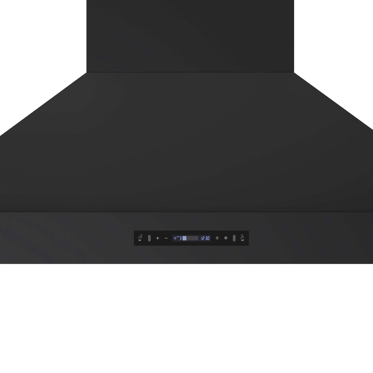 Black range hood control panel with touch icons and LED display on front.