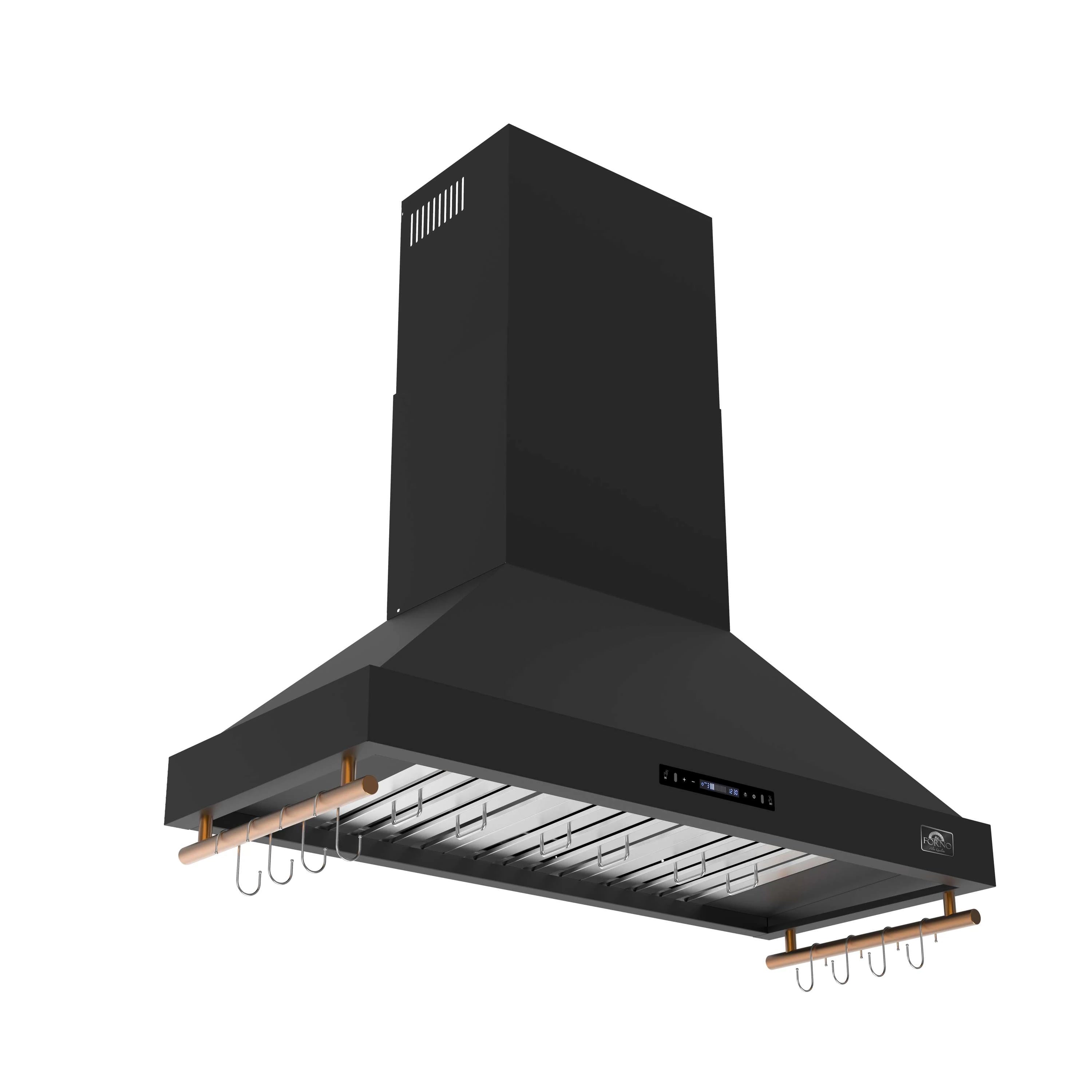 Black wall-mount range hood with baffle filters, touch controls, and brass-capped hooks.