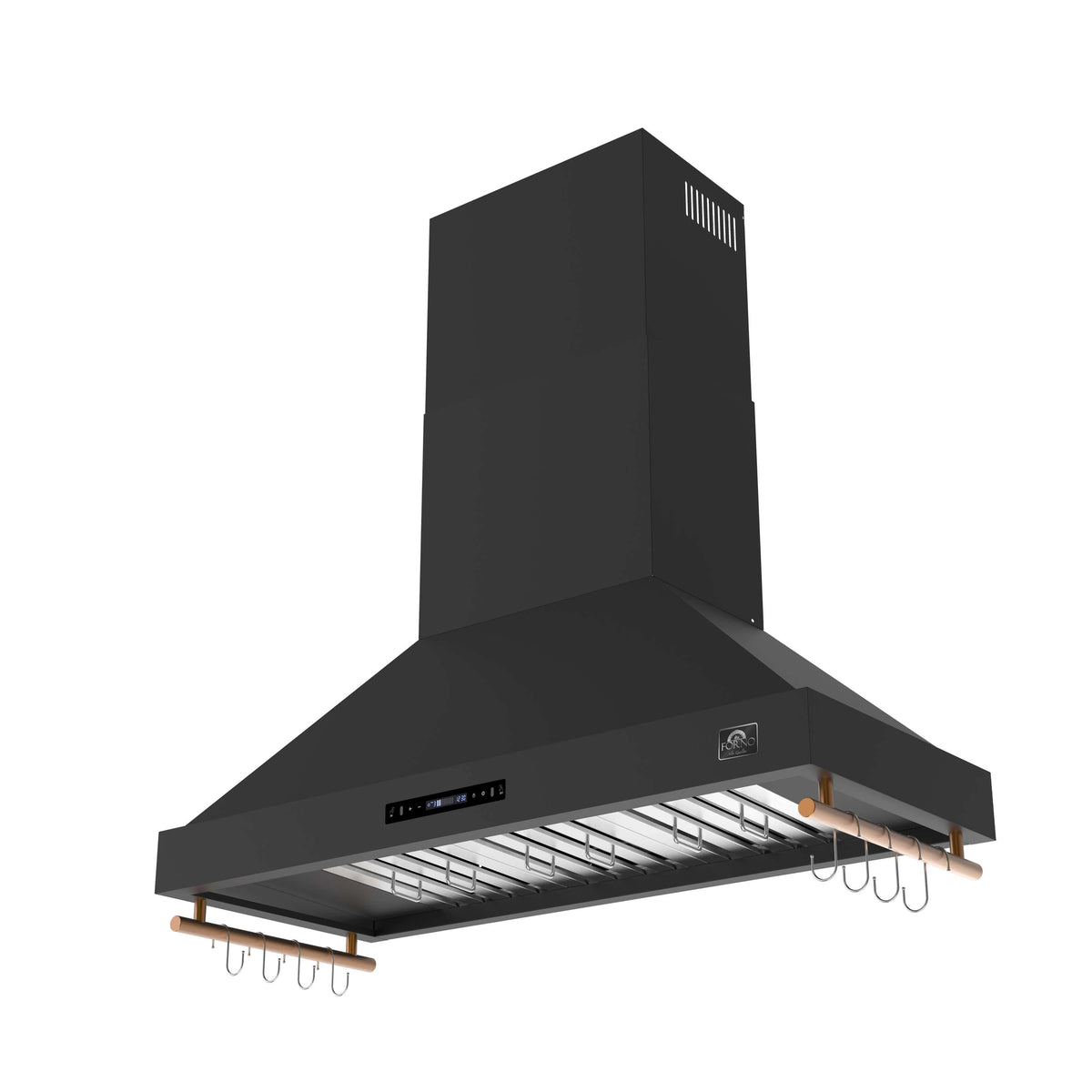 Black range hood angled view with touch control bar and visible baffle filter grates.