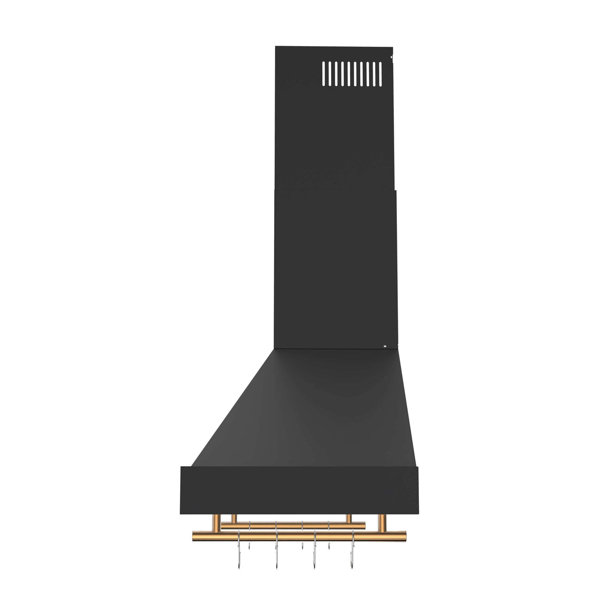 Black wall hood with vent openings and antique brass-trim detail along the bottom edge.
