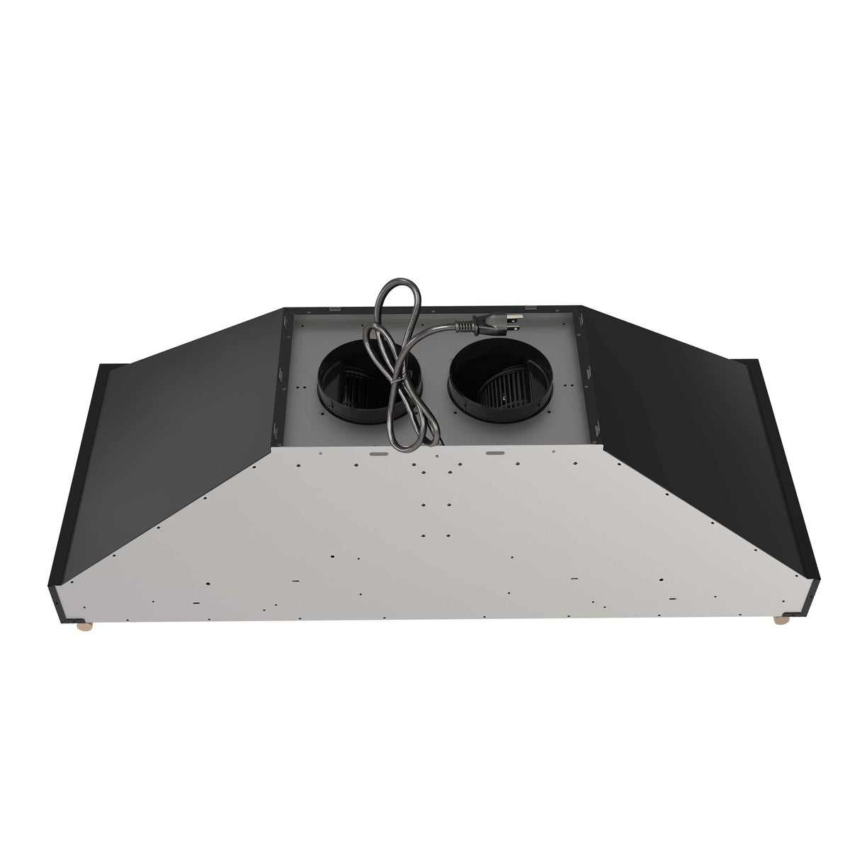 Underside of black range hood showing interior baffles and two circular fan openings.
