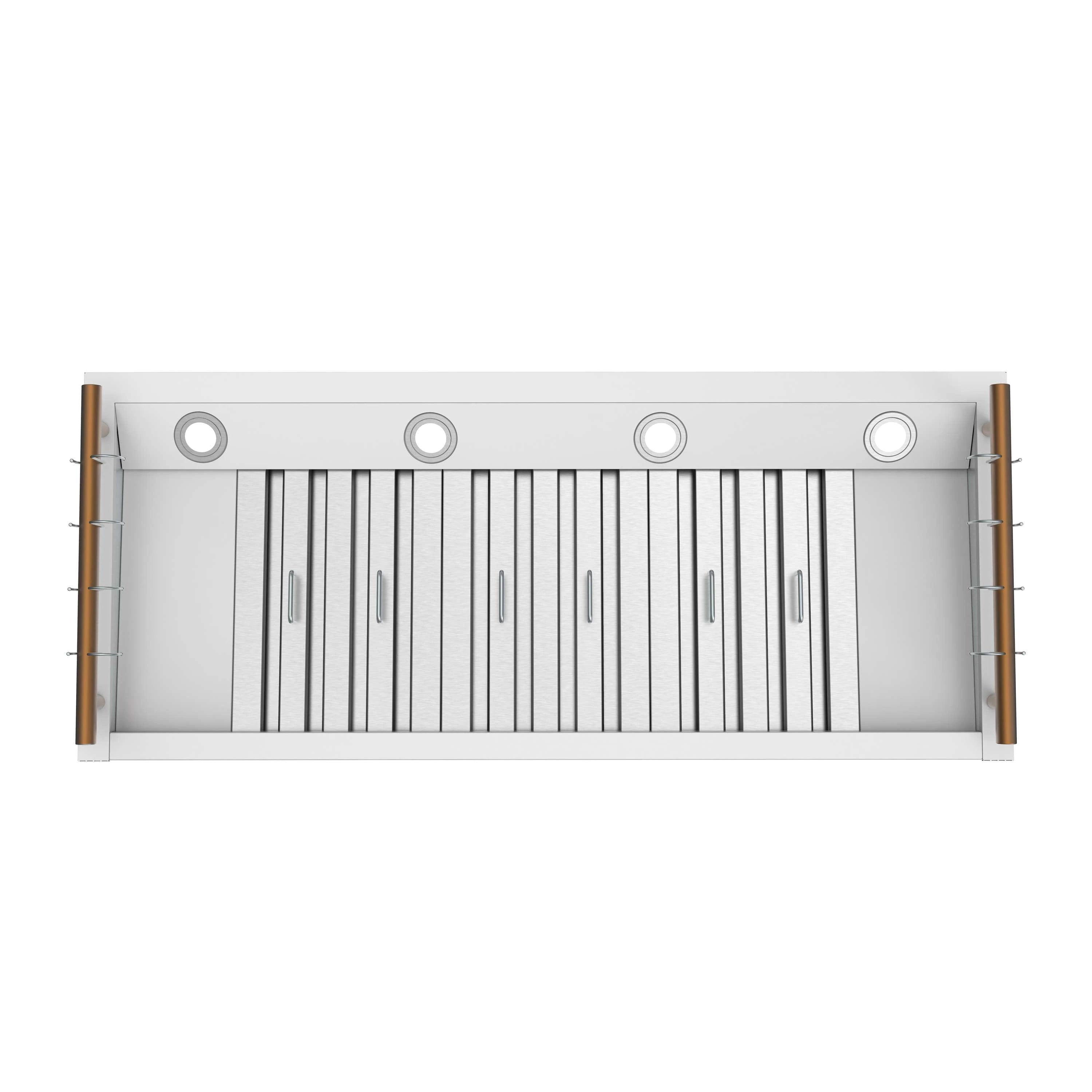 White baffle filter panel with vertical slats, brass handle rail, and circular mounts