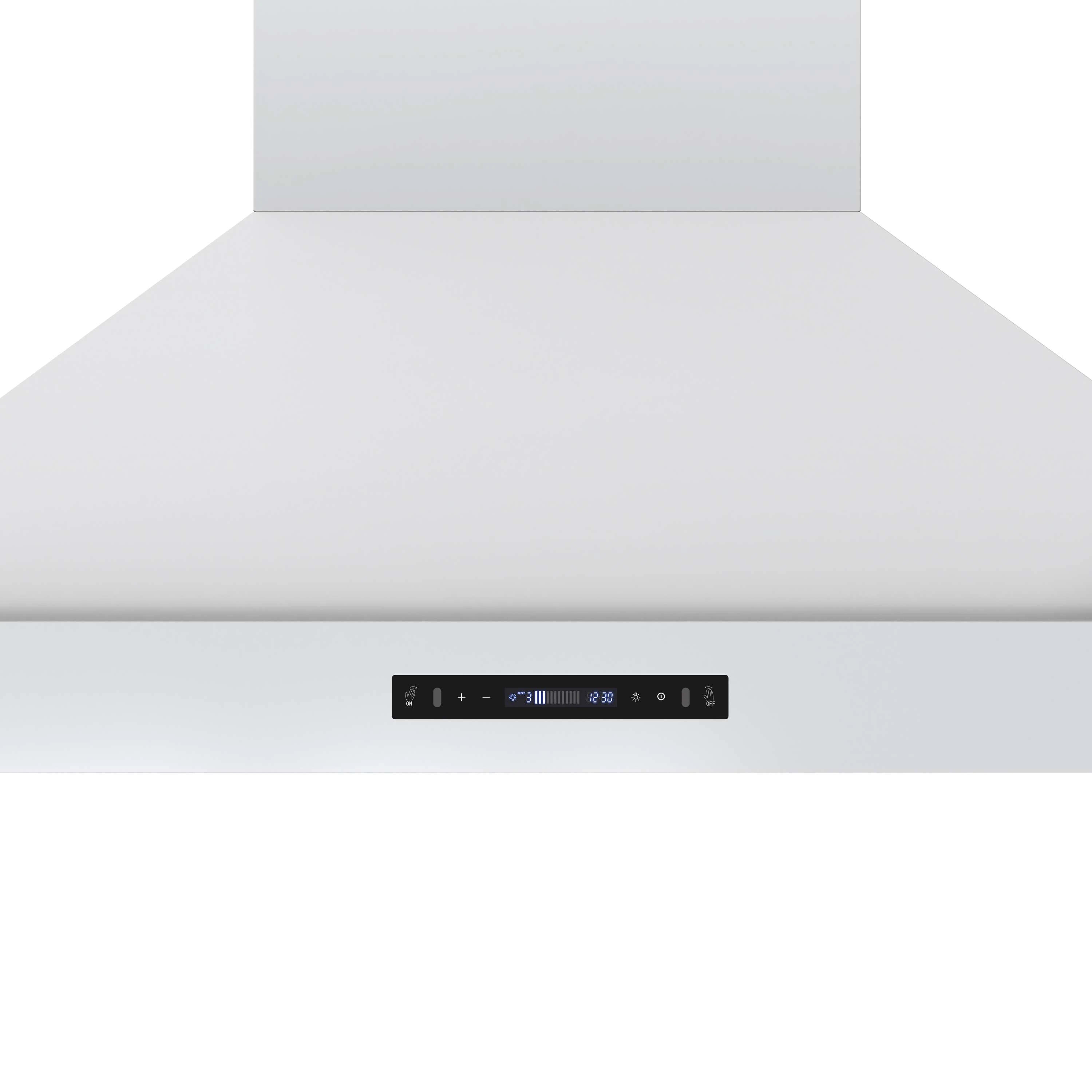 White range hood front with black touch control strip and recessed fan opening