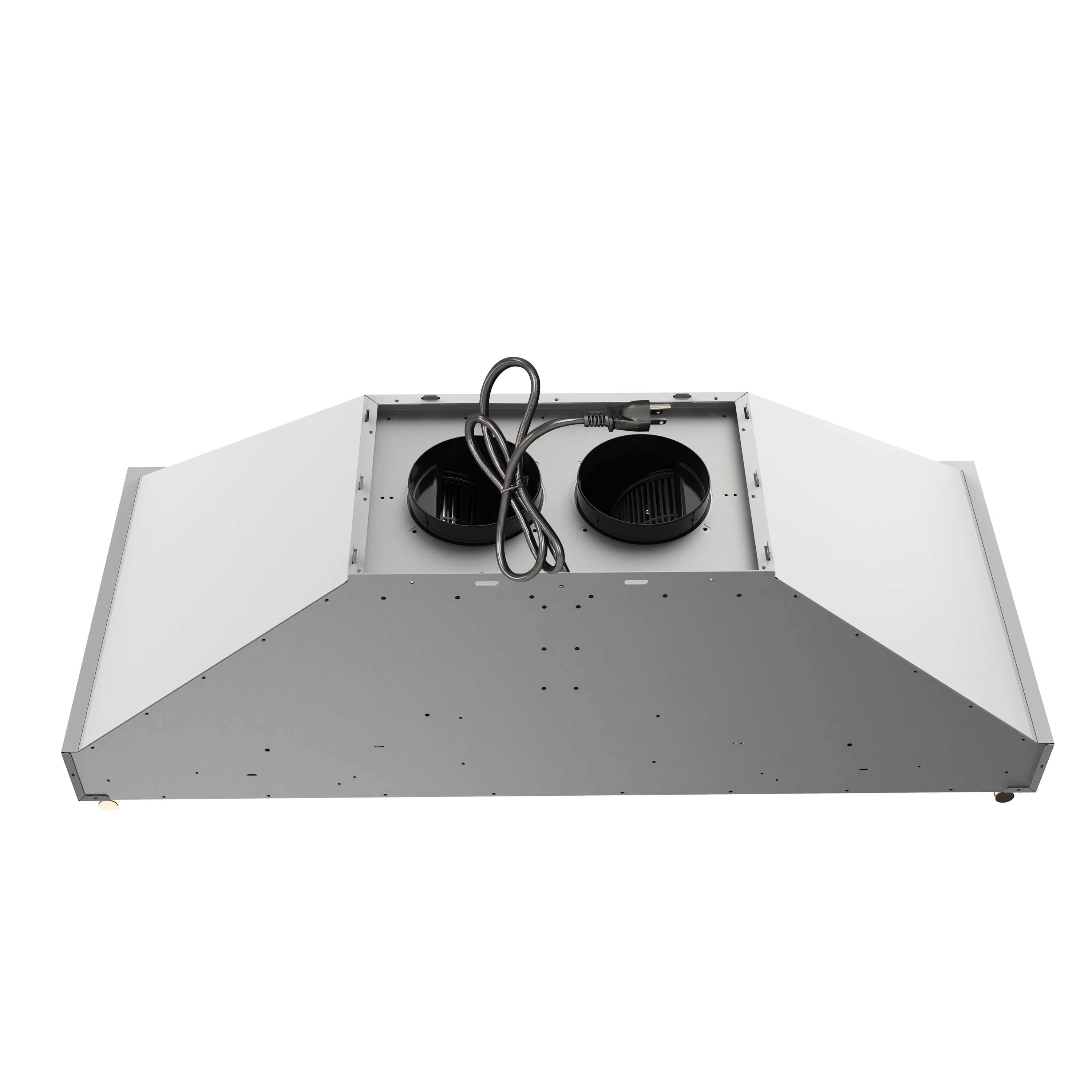White range hood interior with two round fan motors, wiring, and metal baffle housing
