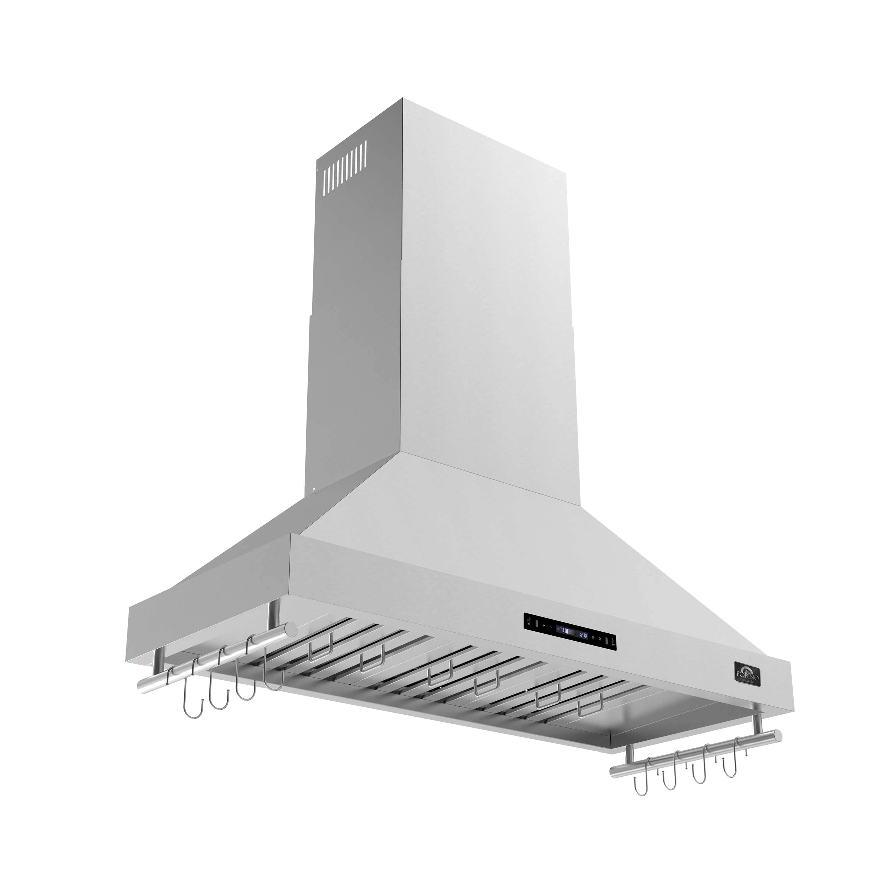 Stainless steel wall-mounted range hood with baffle filters and touch control panel