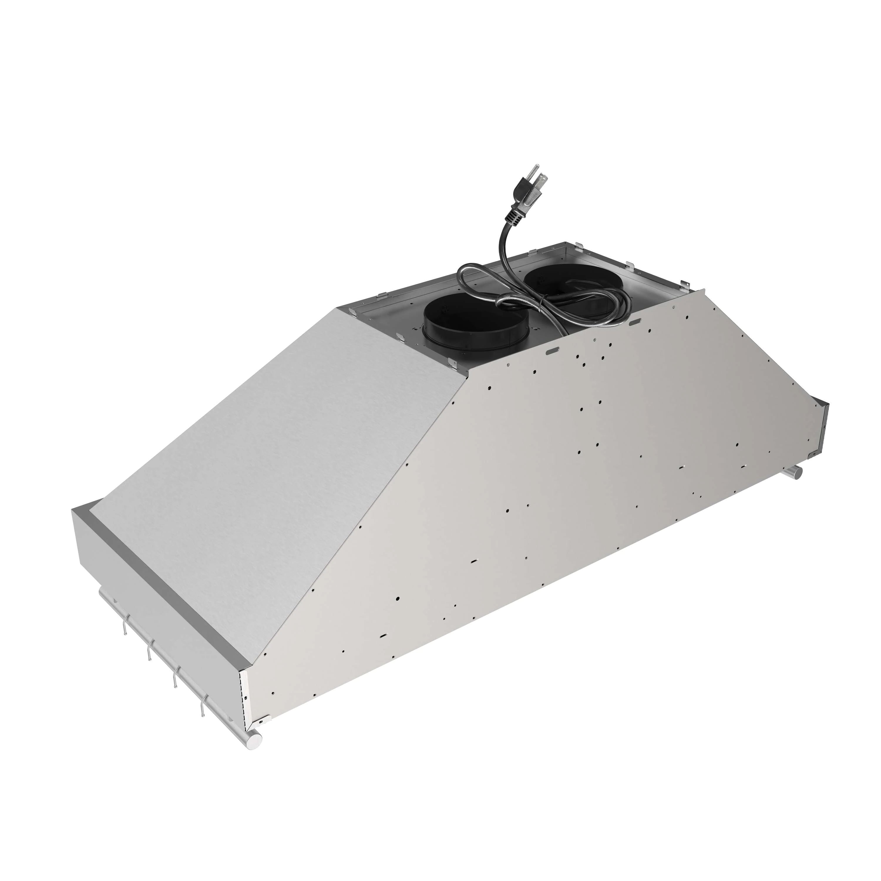 Stainless steel wall hood underside with two fan housings and electrical wiring