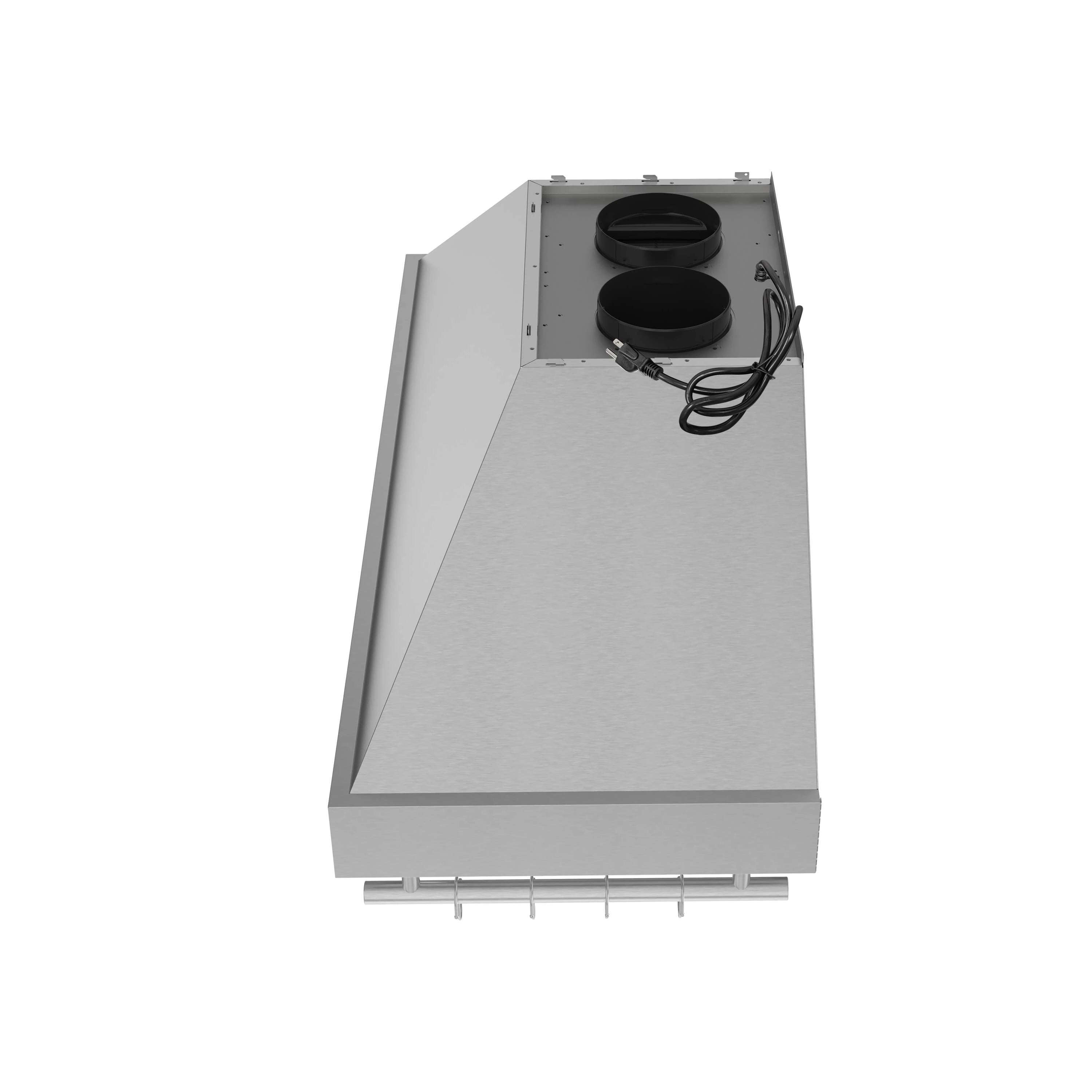 Stainless steel wall-mounted range hood underside with two fan motors and wiring