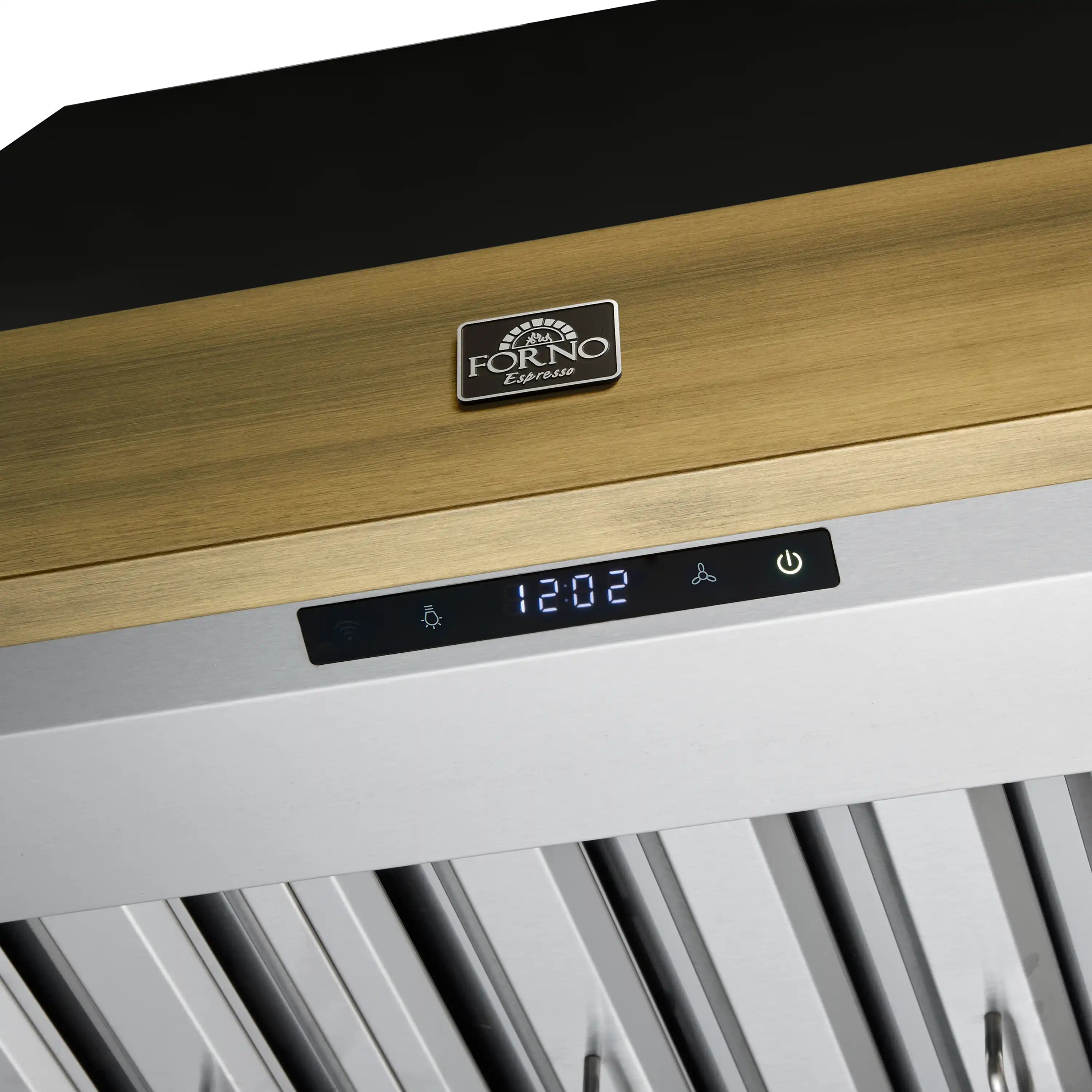 Forno range hood control panel with black display and brass trim