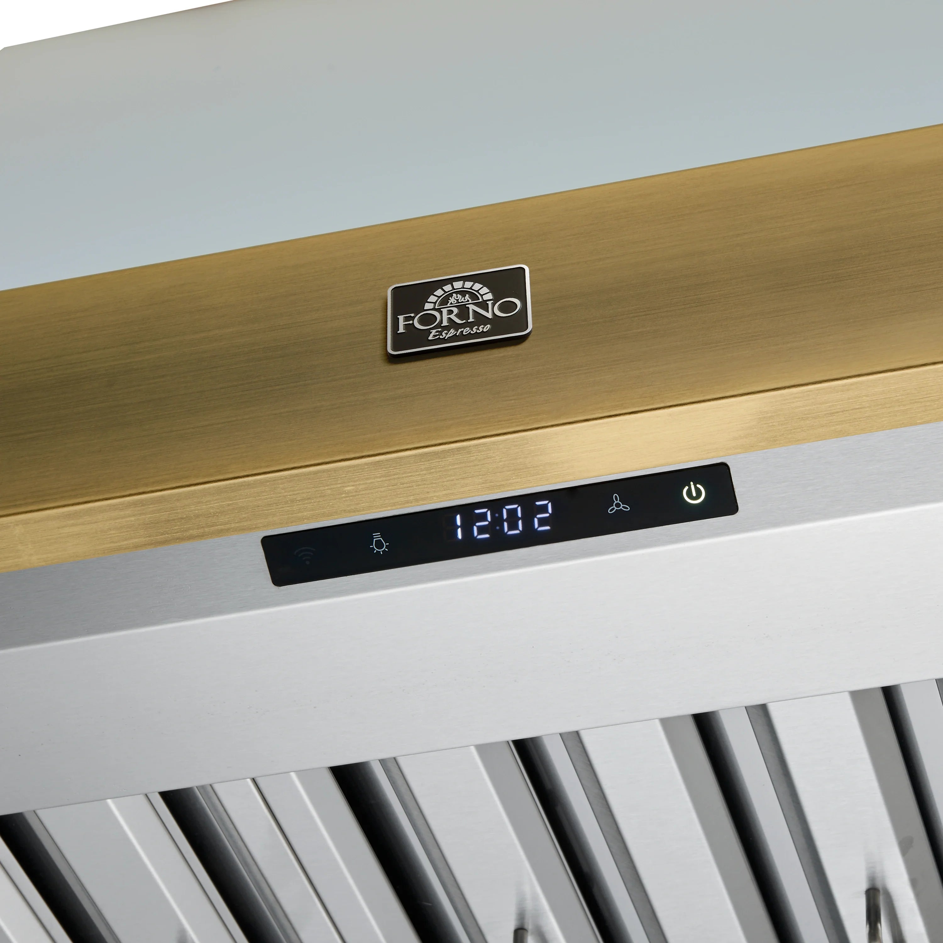 Range hood control panel with digital display and FORNO Espresso logo on brass trim