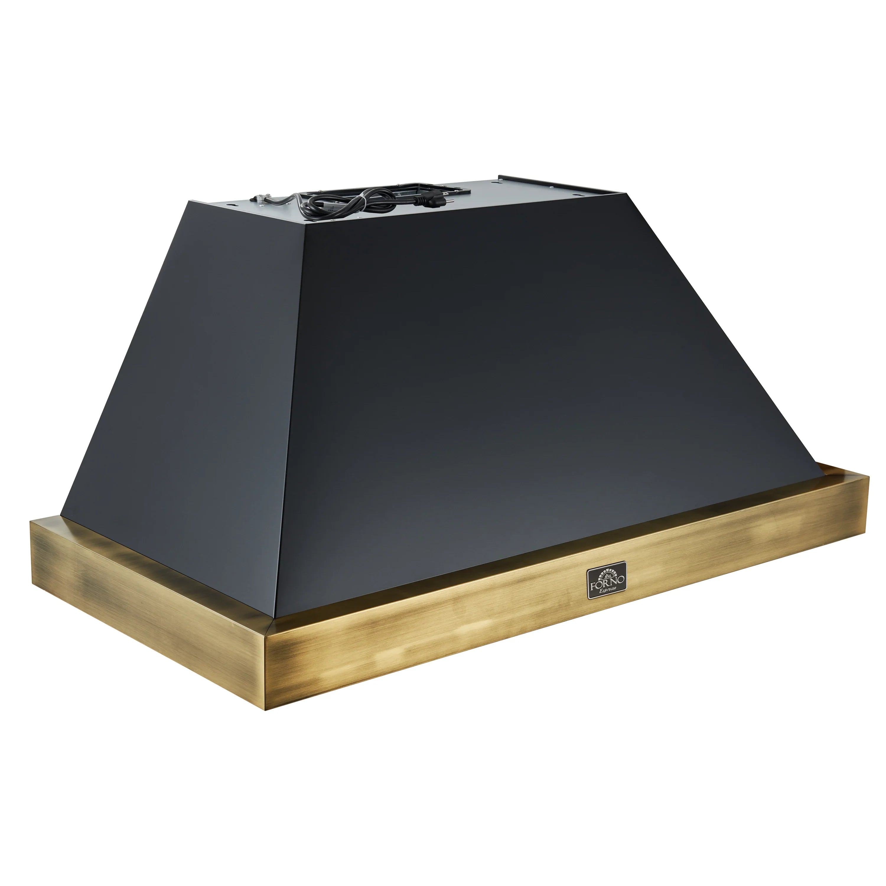 Black range hood with antique brass front band and logo badge