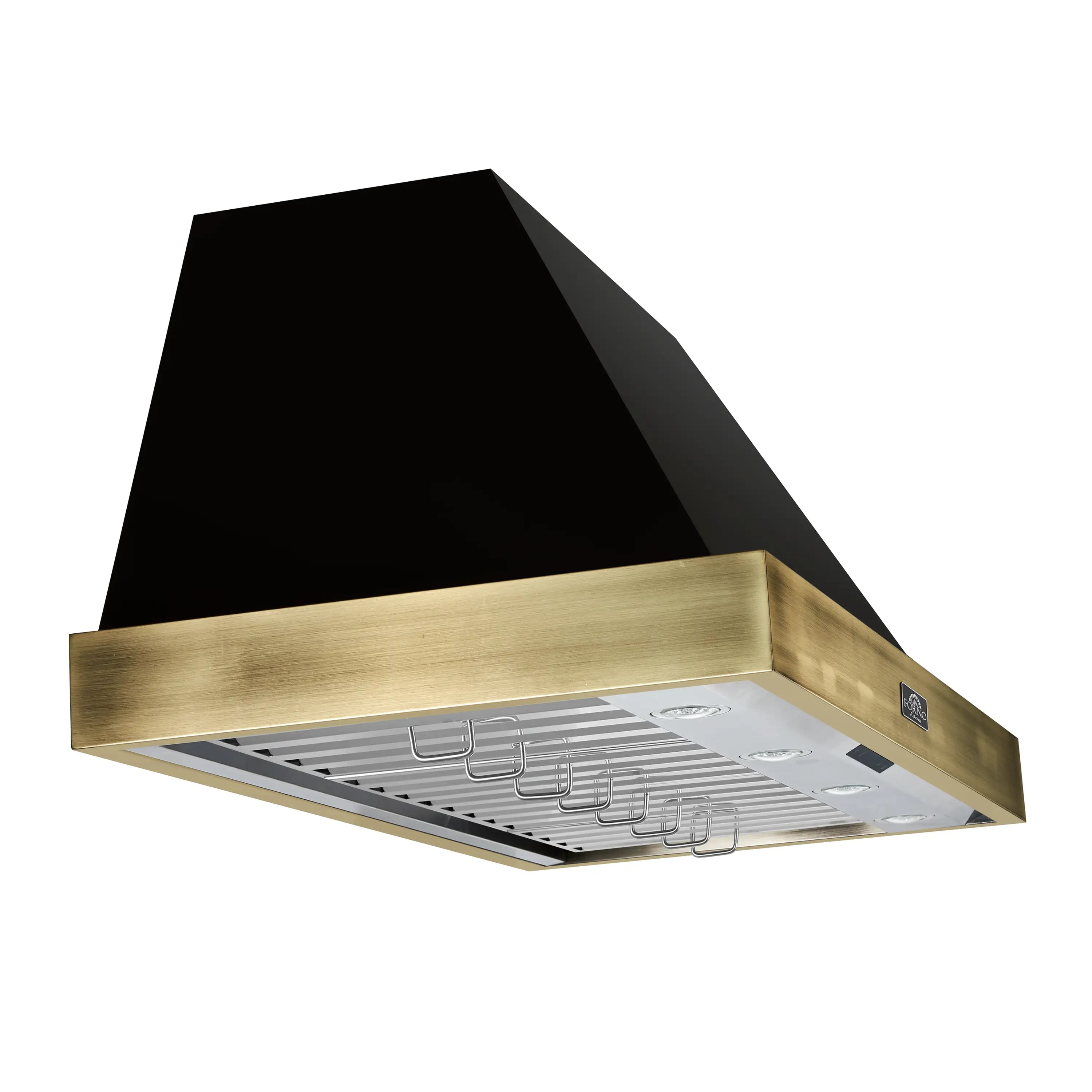Black range hood angled view with antique brass edge and vent grilles