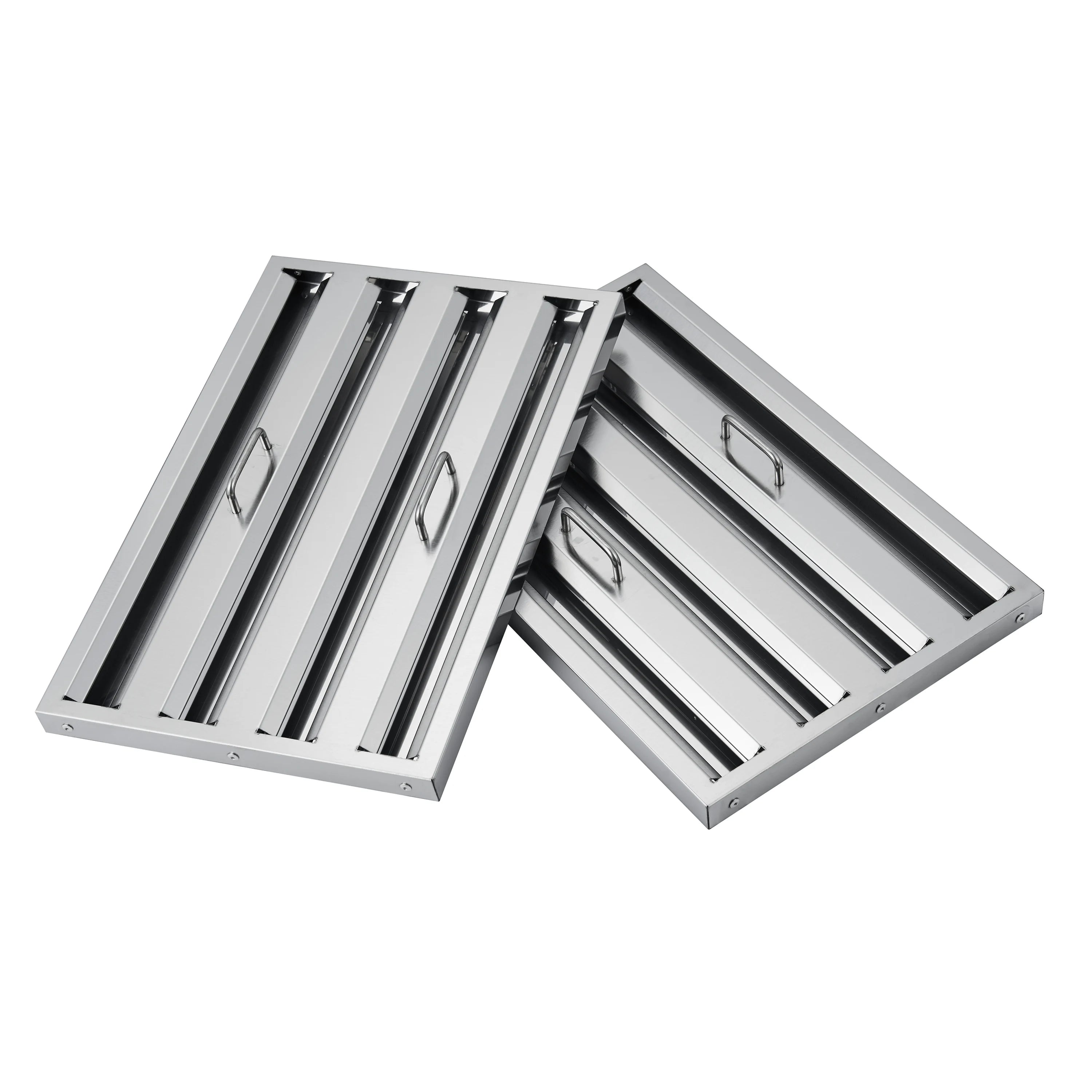 Folded interior exhaust baffle inside white range hood with side channels and fasteners