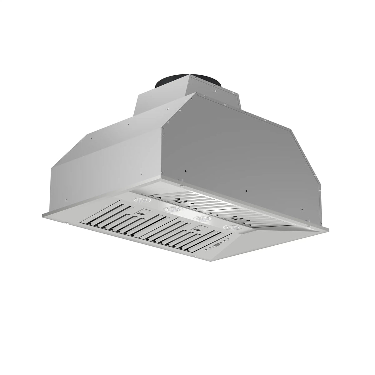 Stainless steel insert range hood front view with vent slots and control area