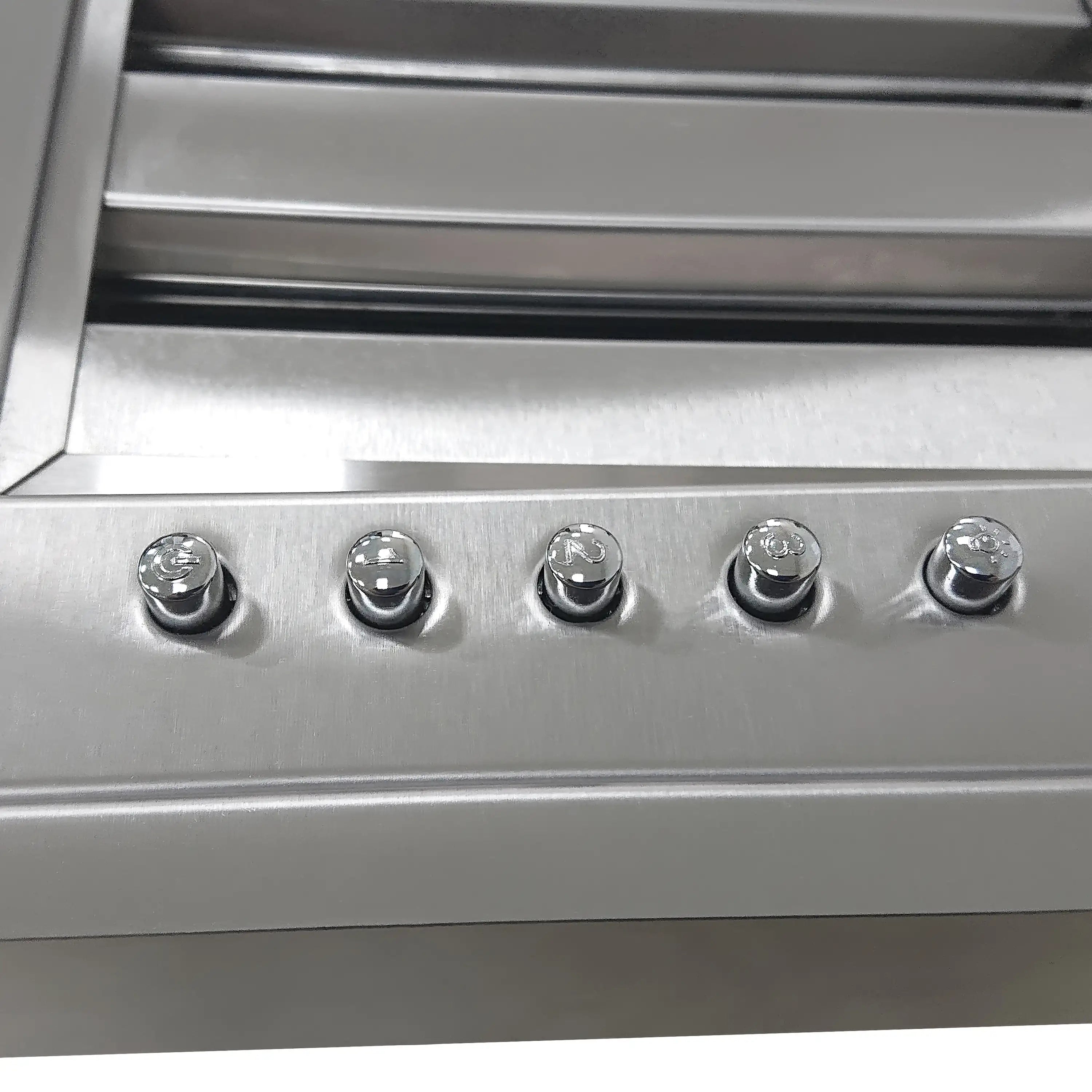 Stainless steel range hood insert front panel with five circular knob controls