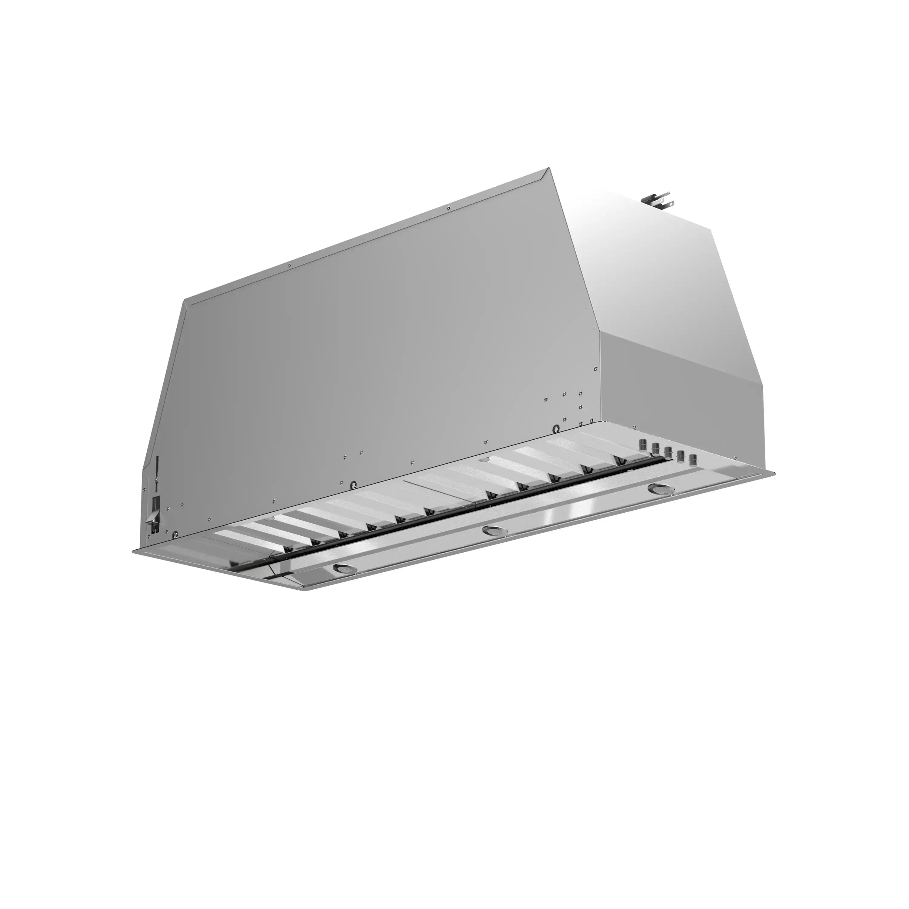 Stainless steel range hood insert side view with baffle filters and covered duct area