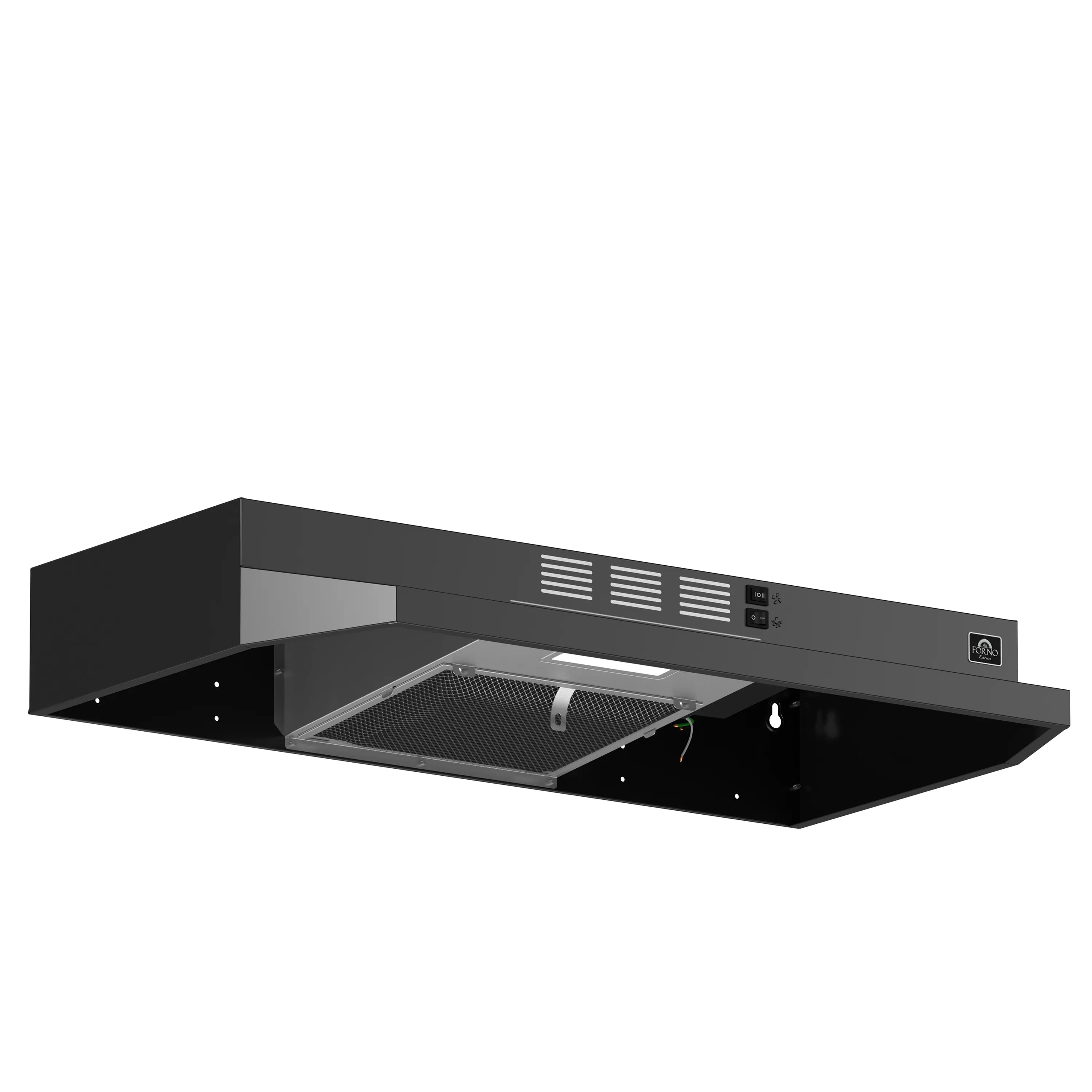 Black under-cabinet range hood with vent grille and removable filter tray