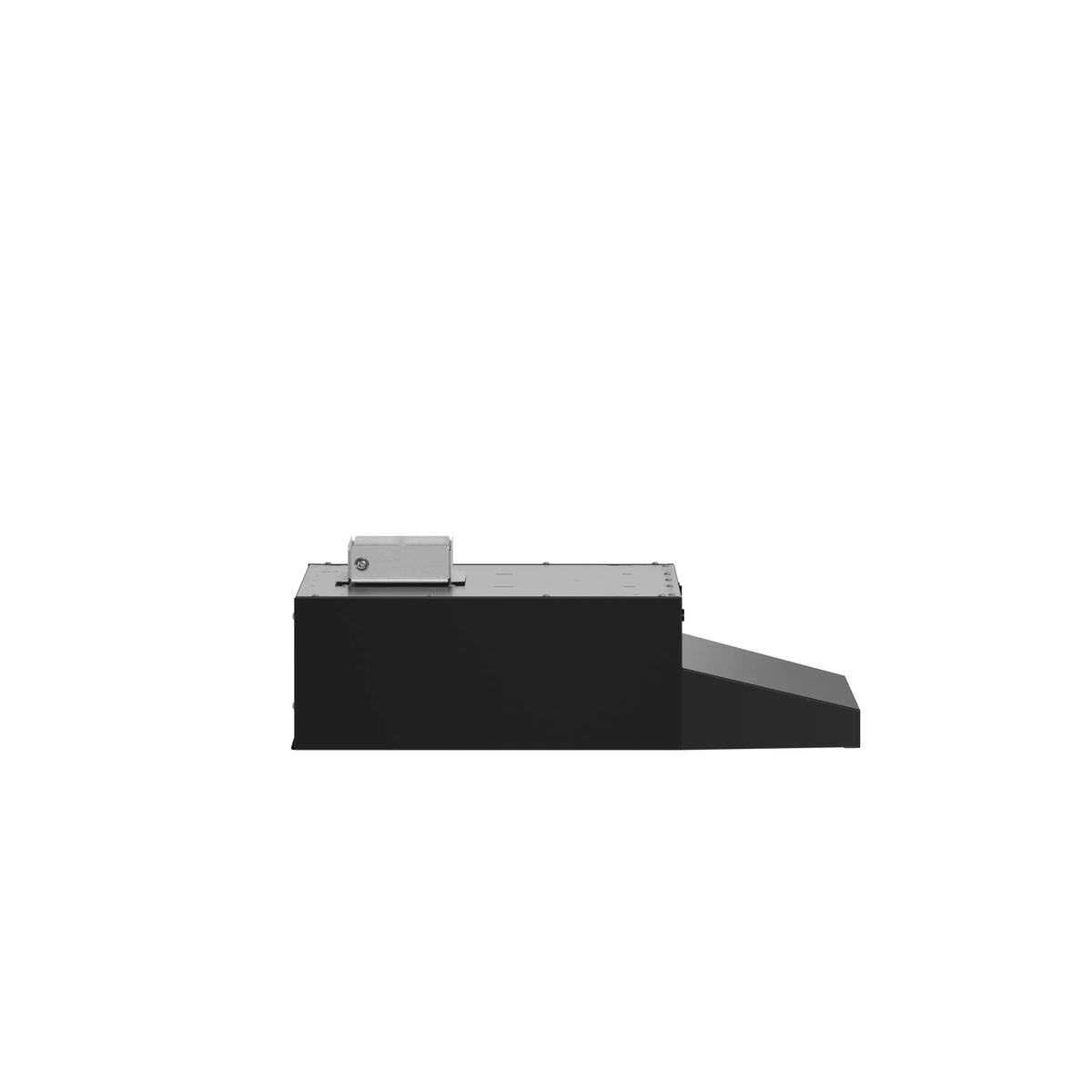 Black range hood side view with chimney duct outlet