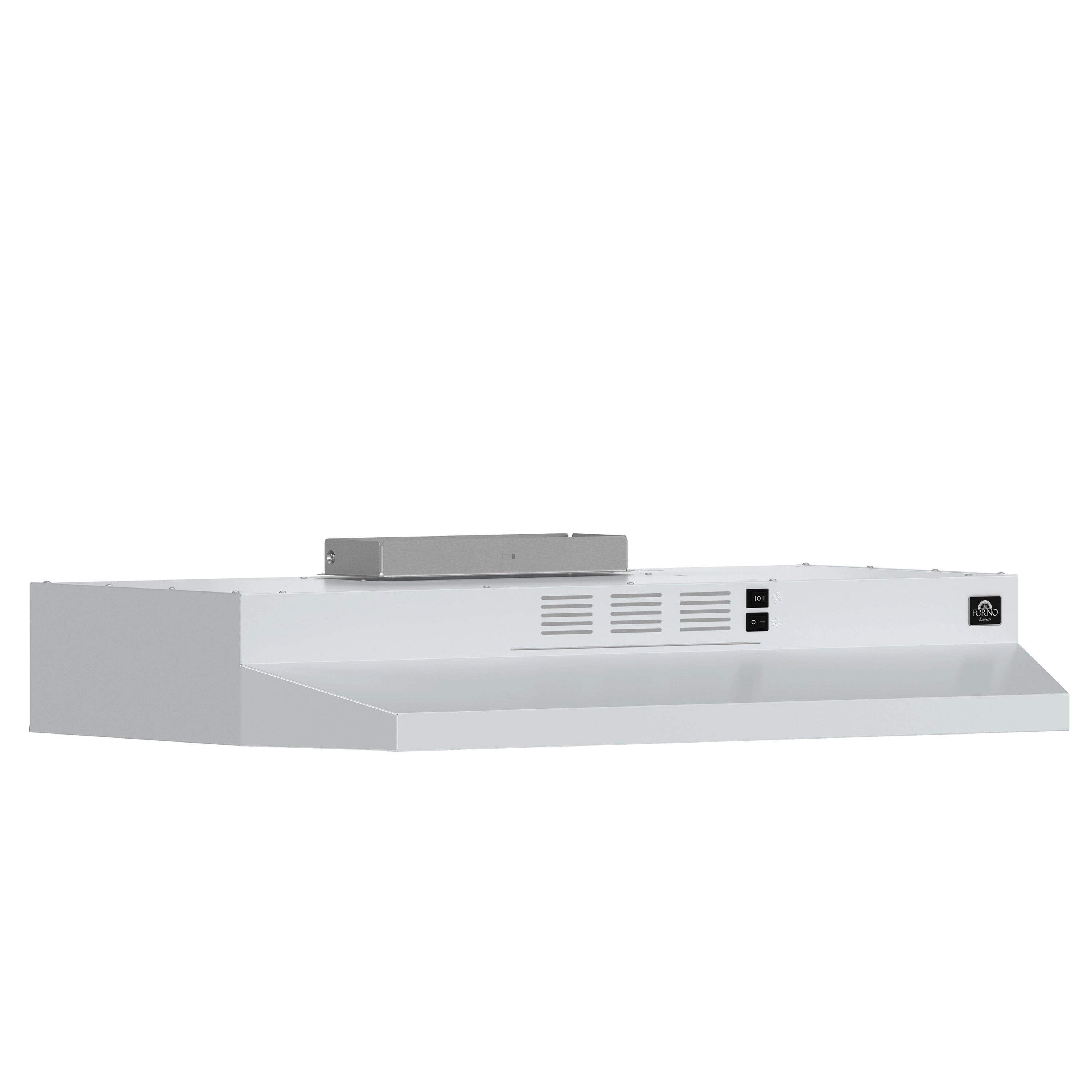 White under-cabinet range hood, angled view showing filter housing and vent slots.