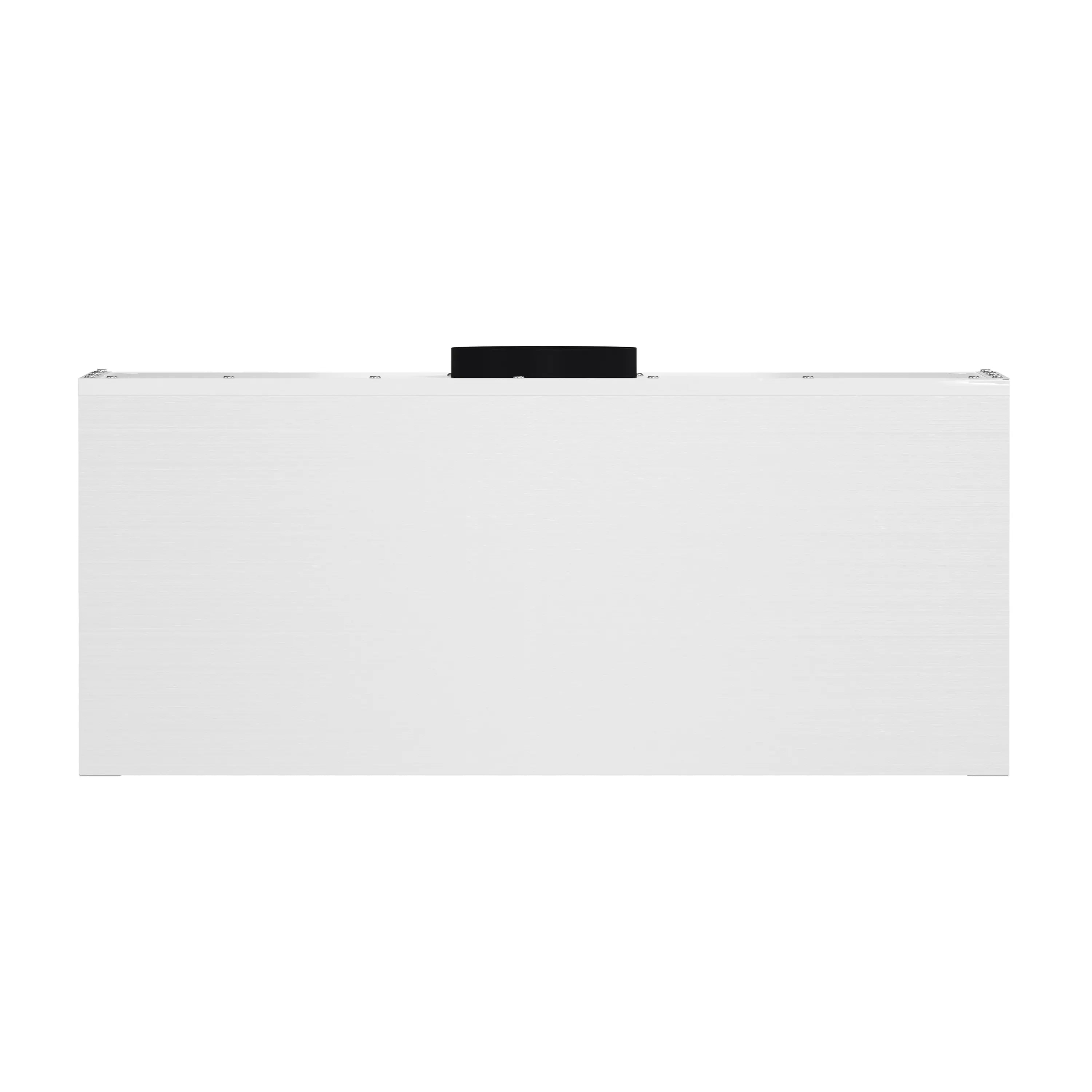 White under-cabinet range hood side profile with black top vent cover detail.