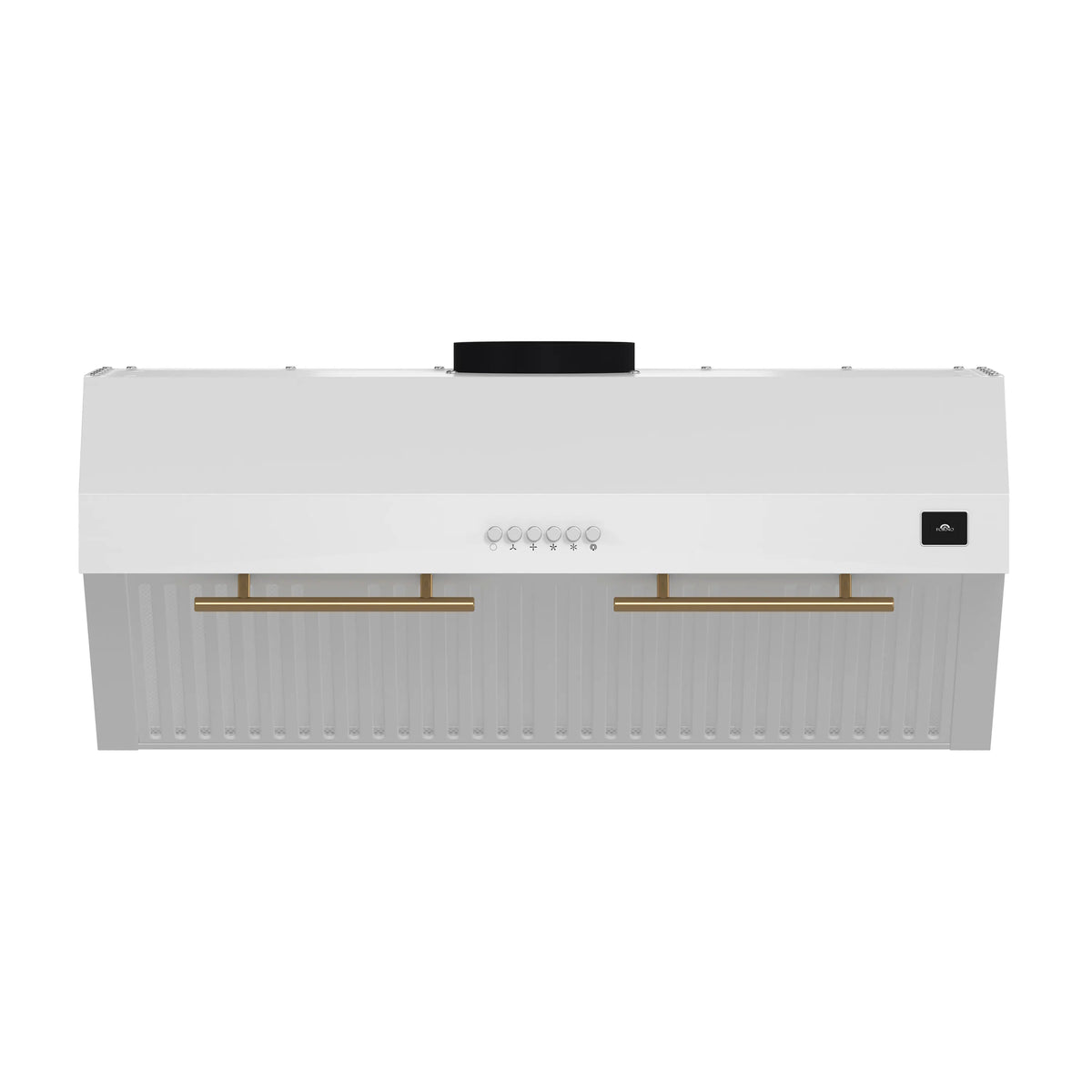 White under-cabinet range hood front view with gold-toned trim bars and control icons.
