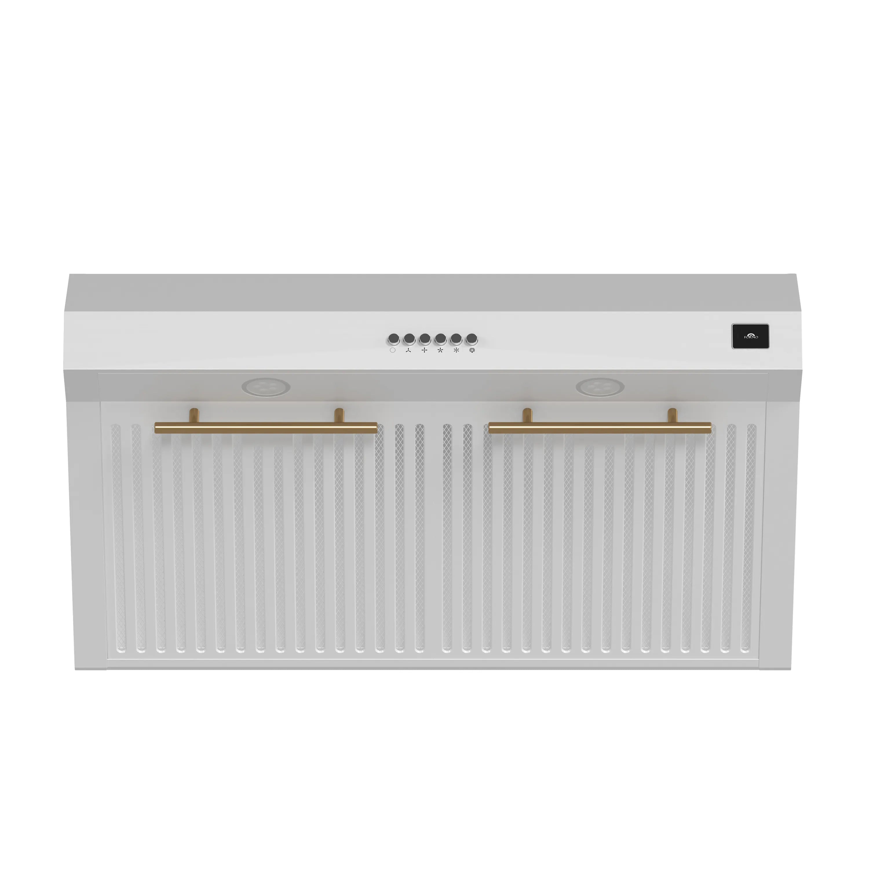 White under-cabinet range hood front with ribbed filter panel and gold-toned decorative rails.