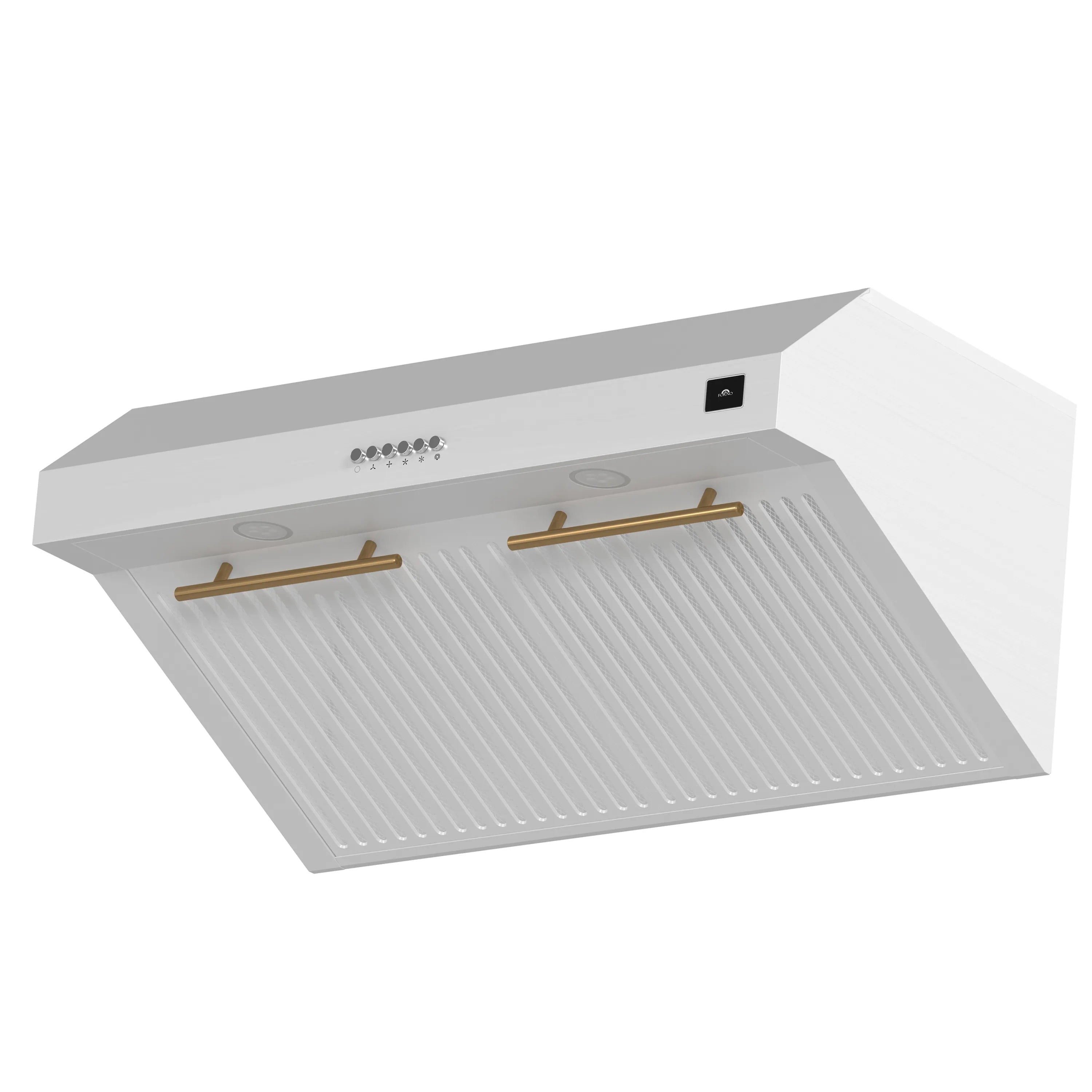 White under-cabinet range hood angled view with gold-toned rails and ribbed filter tray.