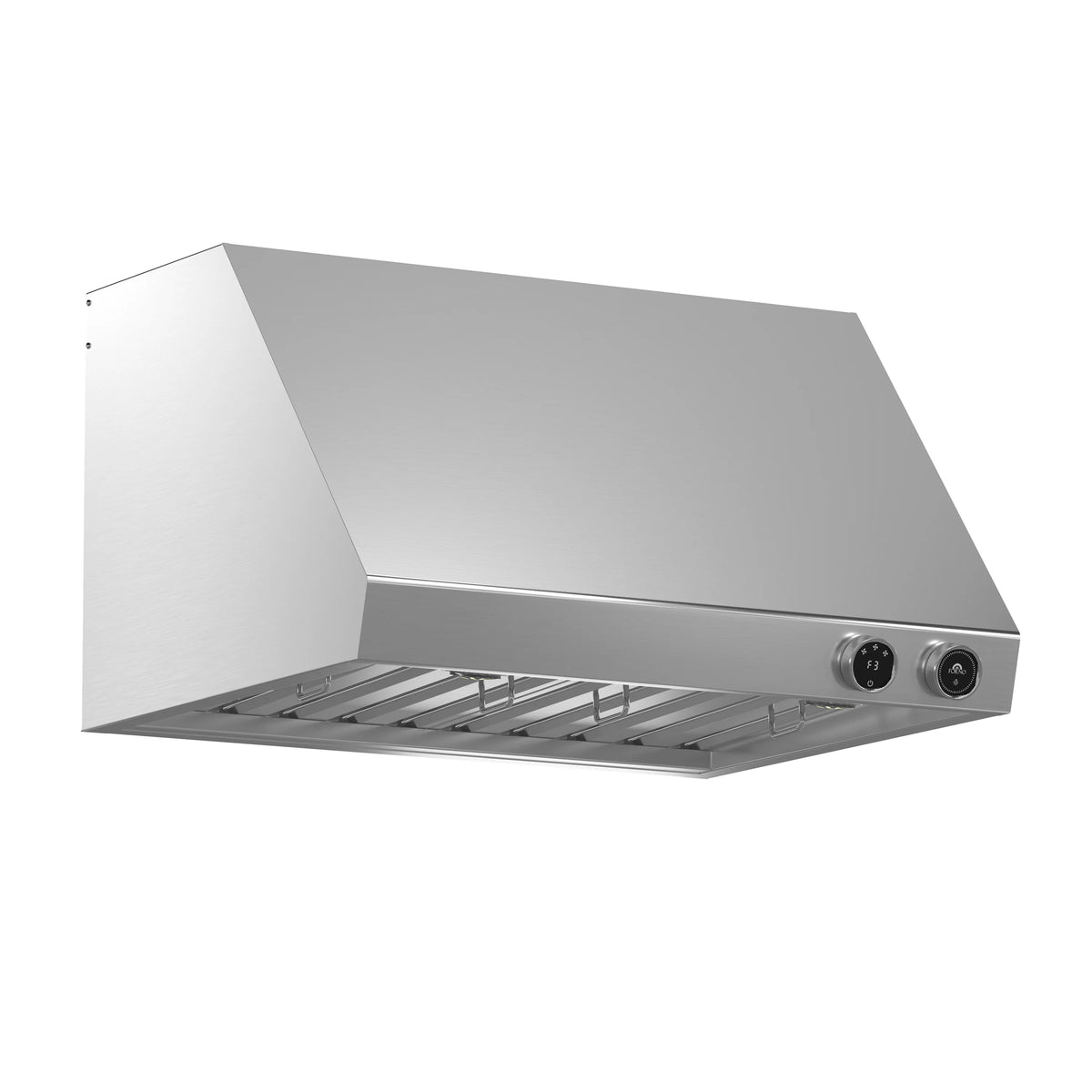 Stainless steel under-cabinet range hood with front vent opening and filter tray