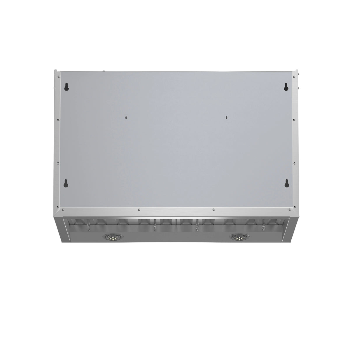 Stainless steel range hood underside with removable filter support and mounting screws