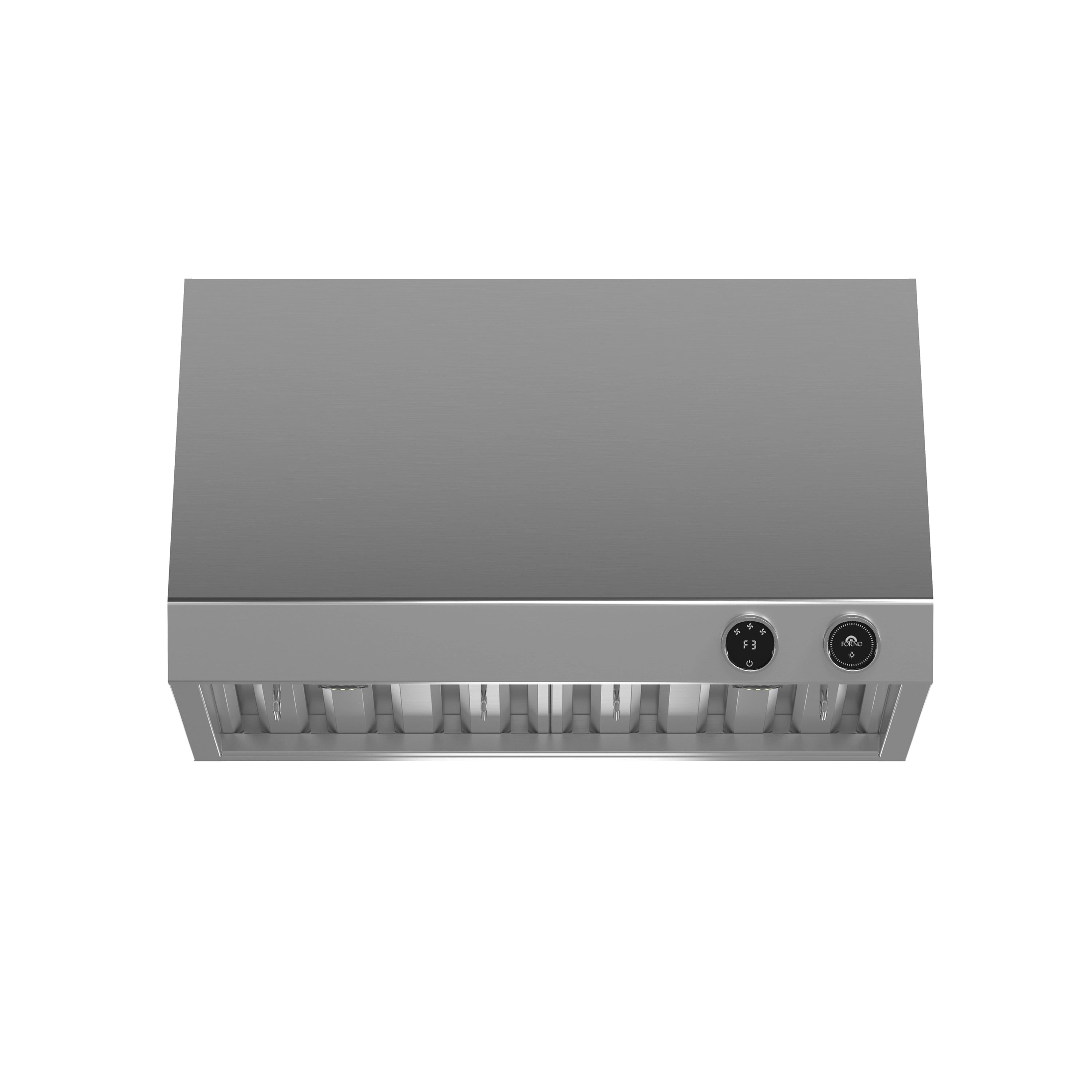 Stainless steel under-cabinet range hood front with slotted grease filter inserts