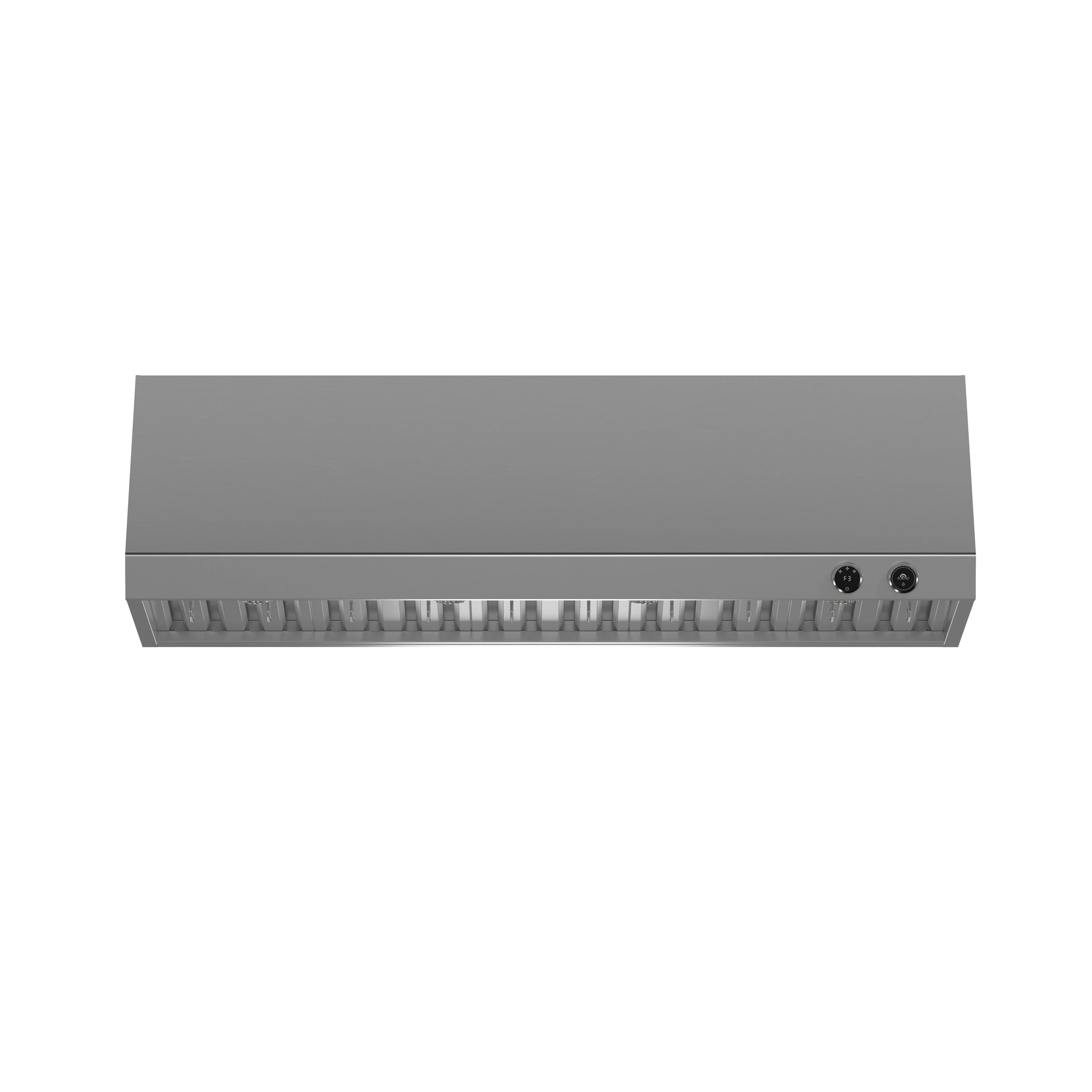 Front view of stainless steel under-cabinet range hood with vent grates and two control knobs