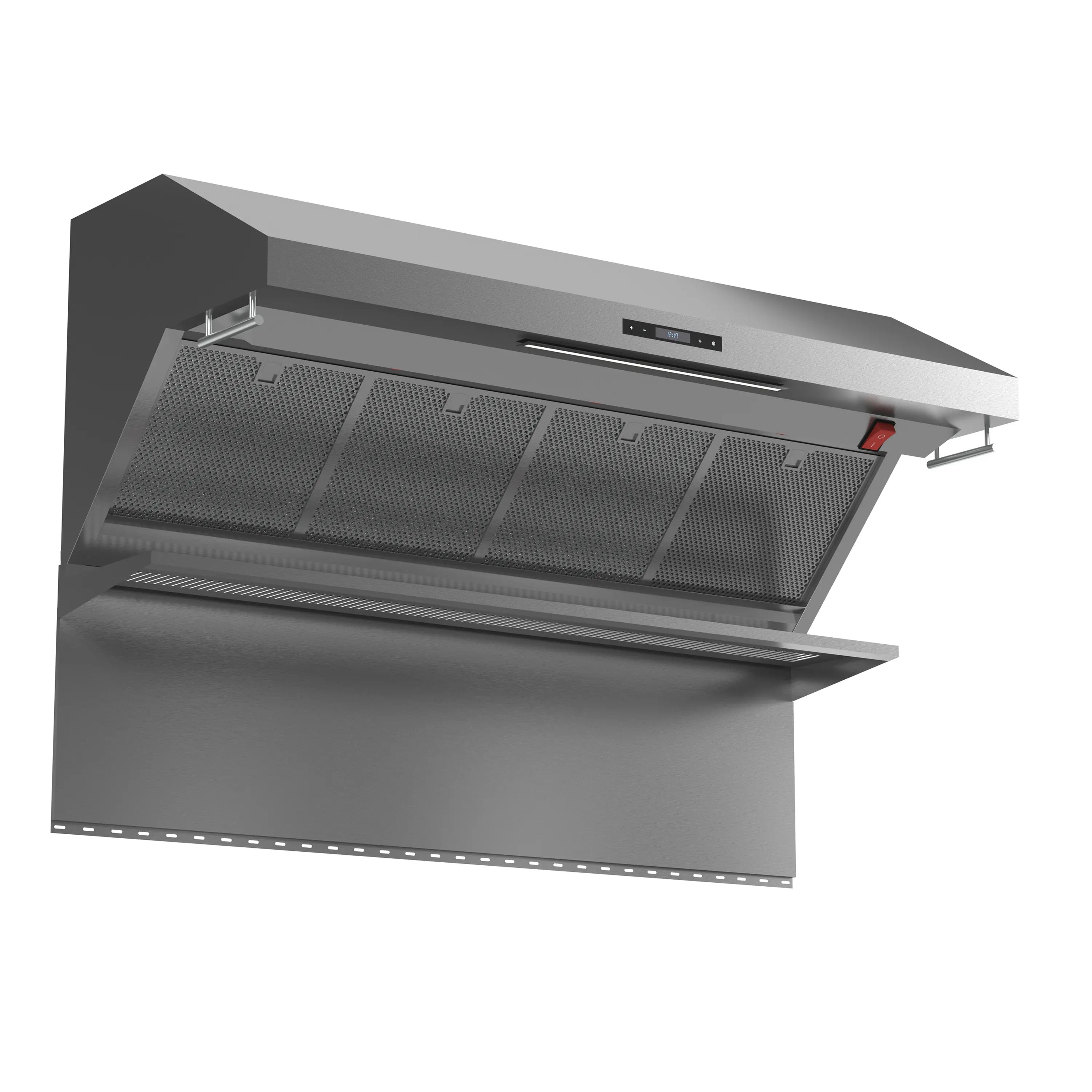Stainless steel wall mount range hood with open baffle filters and control strip