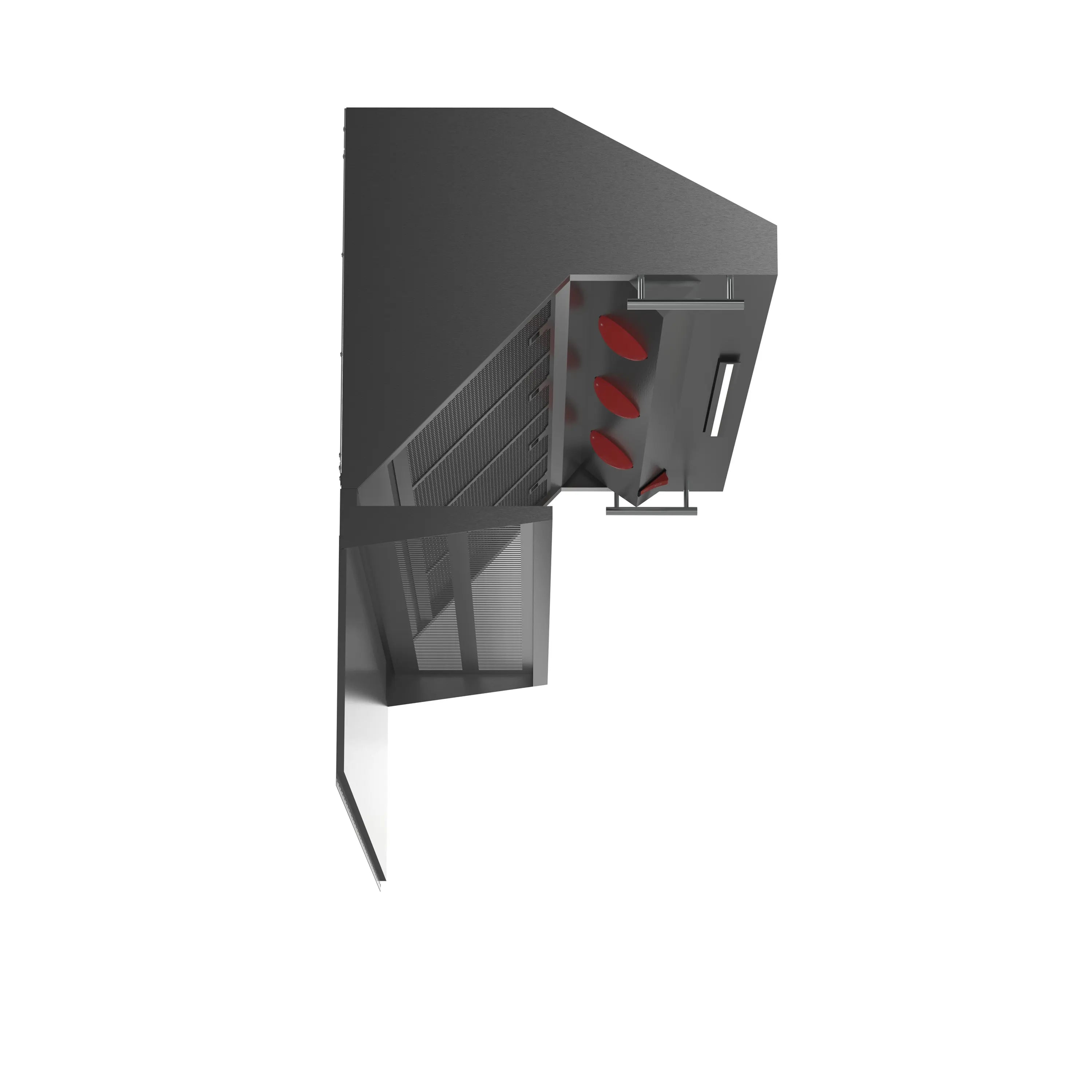 Stainless steel wall mount range hood interior view with baffle panels and red warmer
