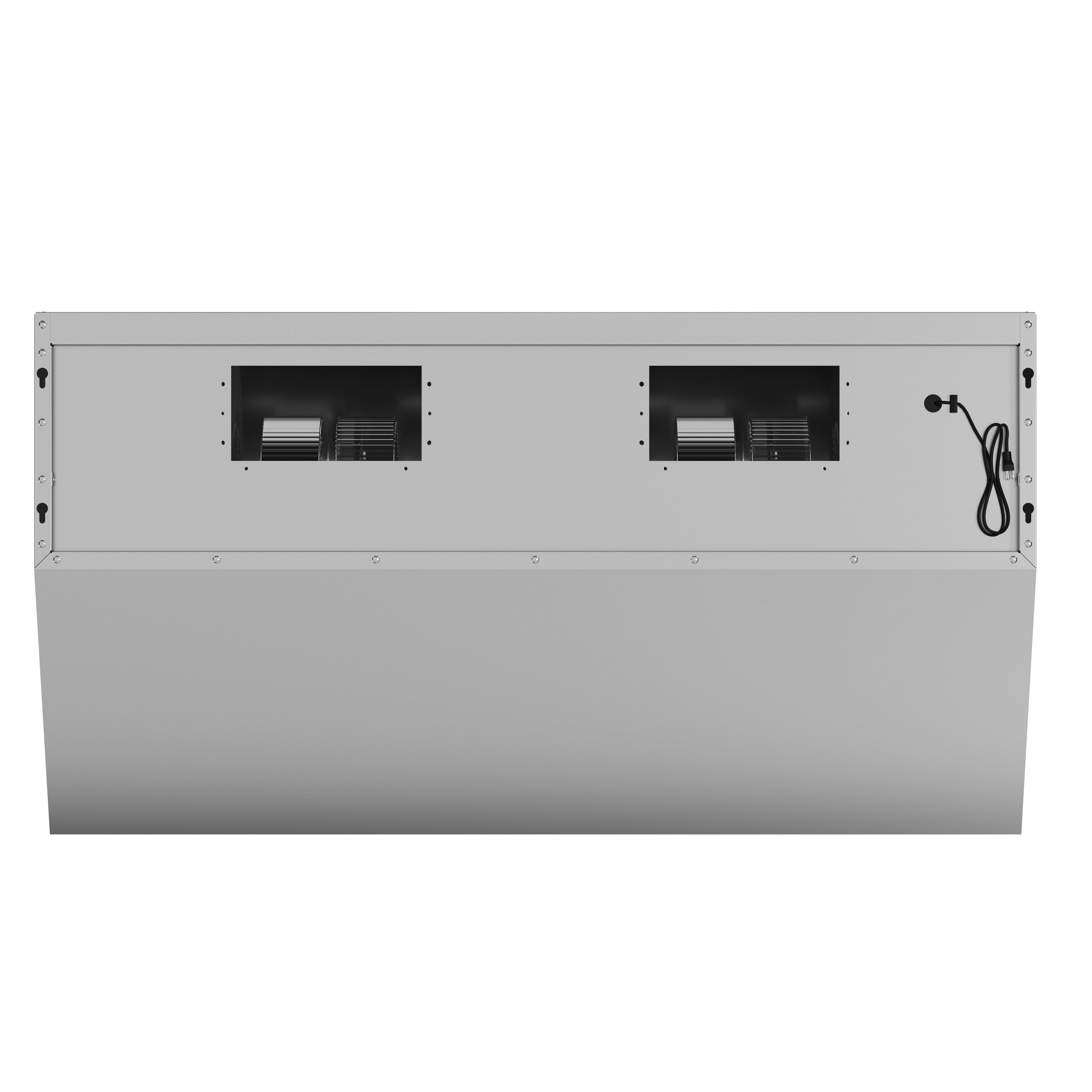 Stainless steel wall mount range hood back panel with vent openings and power cord